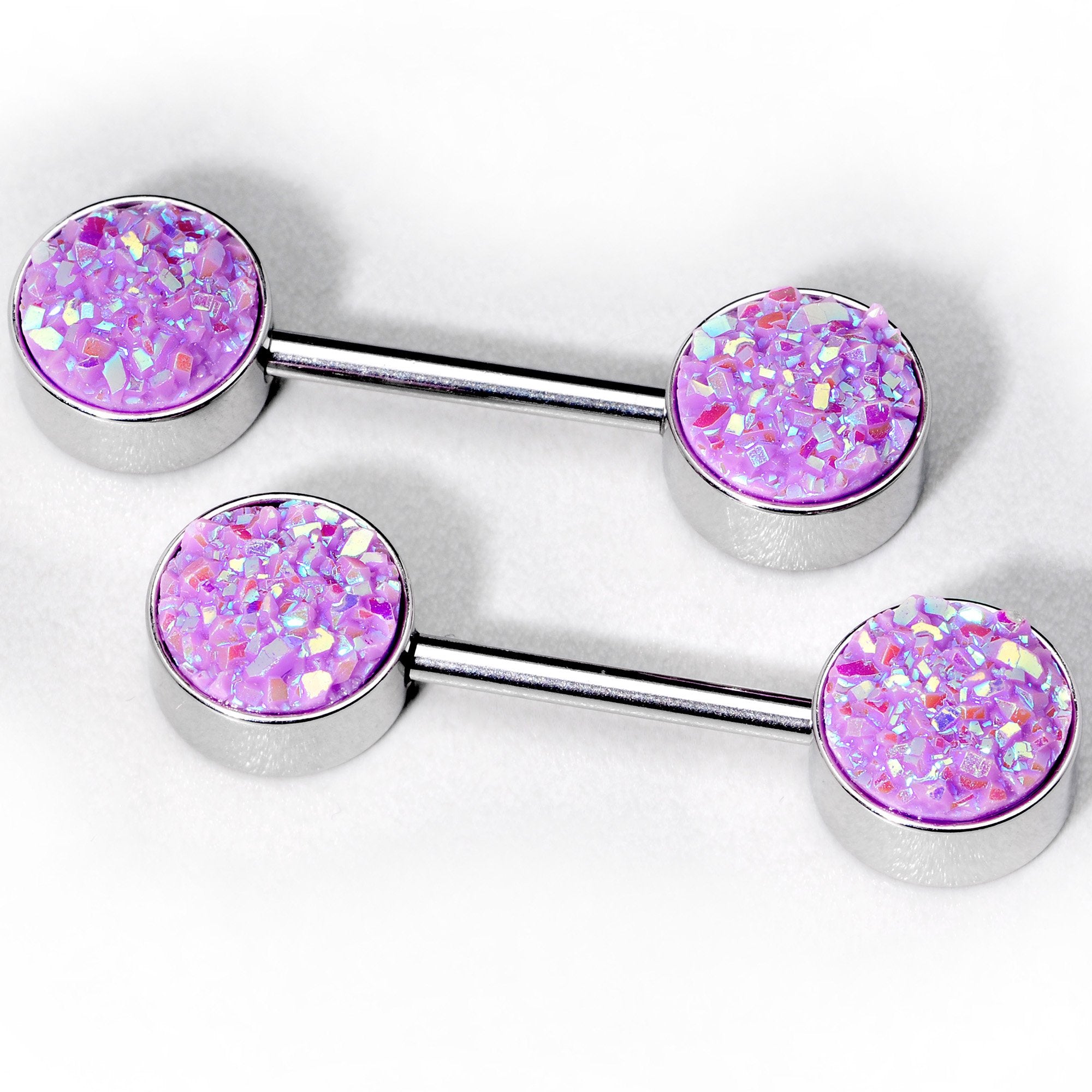 14 Gauge 9/16 Lavender Synthetic Druzy Lovely Barbell Nipple Ring Set