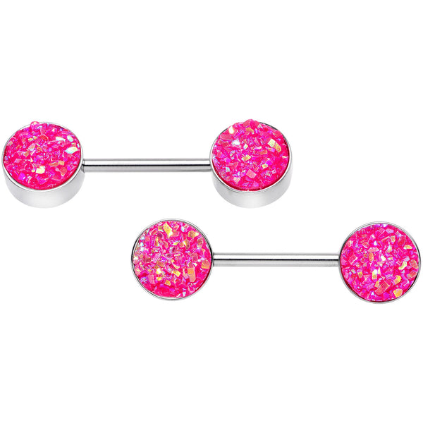 14 Gauge 9/16 Pink Synthetic Druzy Powerful Barbell Nipple Ring Set BodyCandy