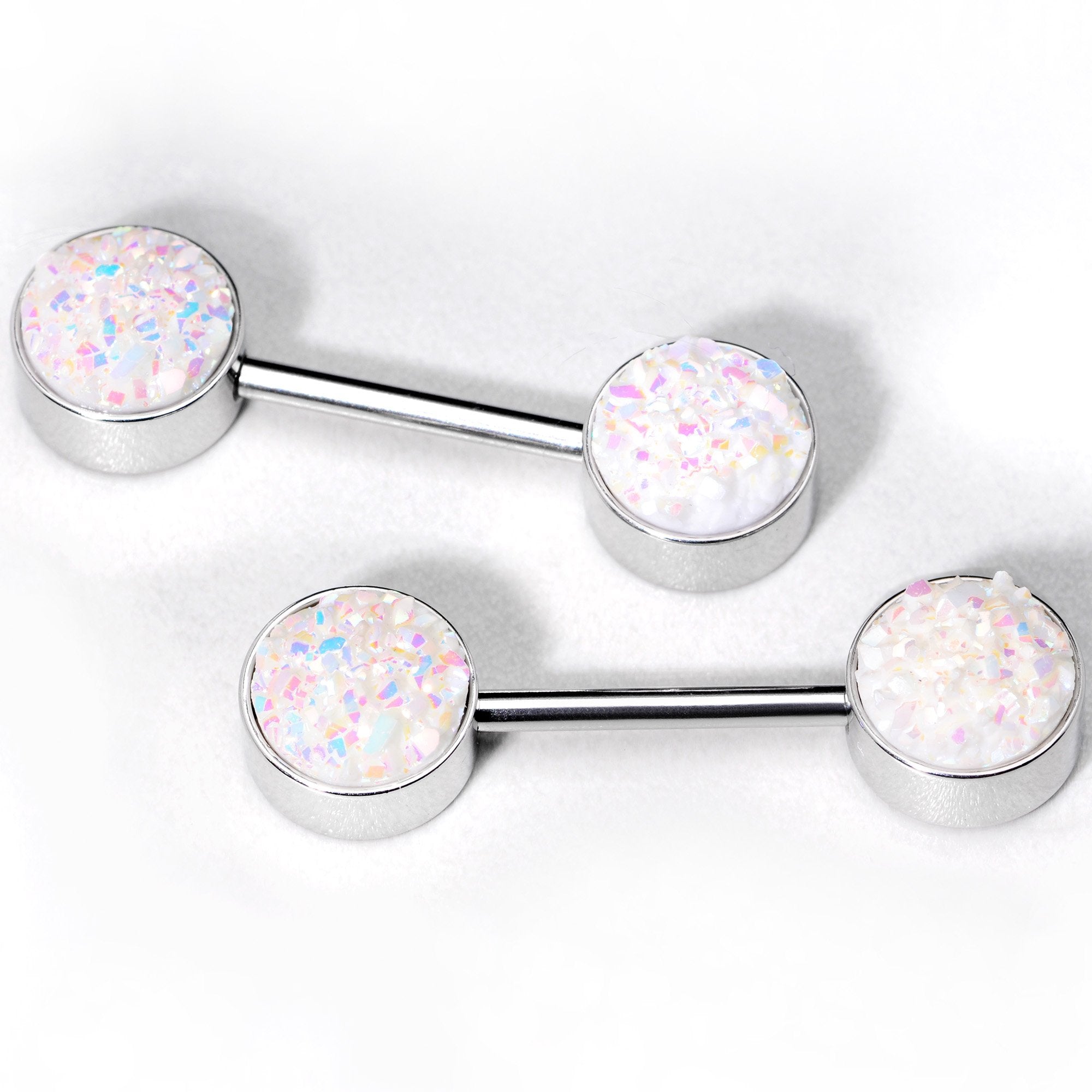 14G 9/16 White And Multi Synthetic Druzy Barbell Nipple Ring Set