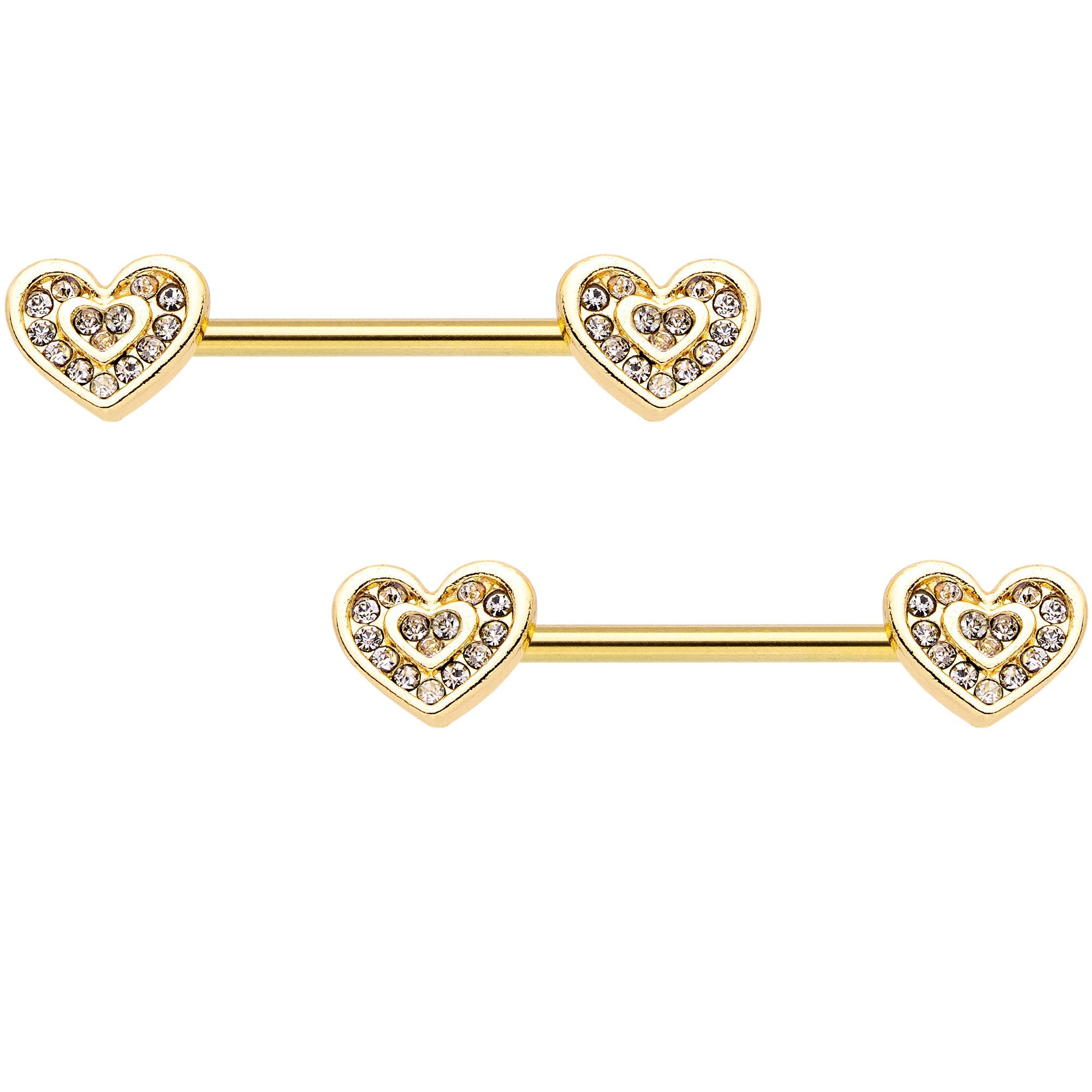 9/16 Clear Gem Gold Tone Plated Heart Barbell Nipple Ring Set
