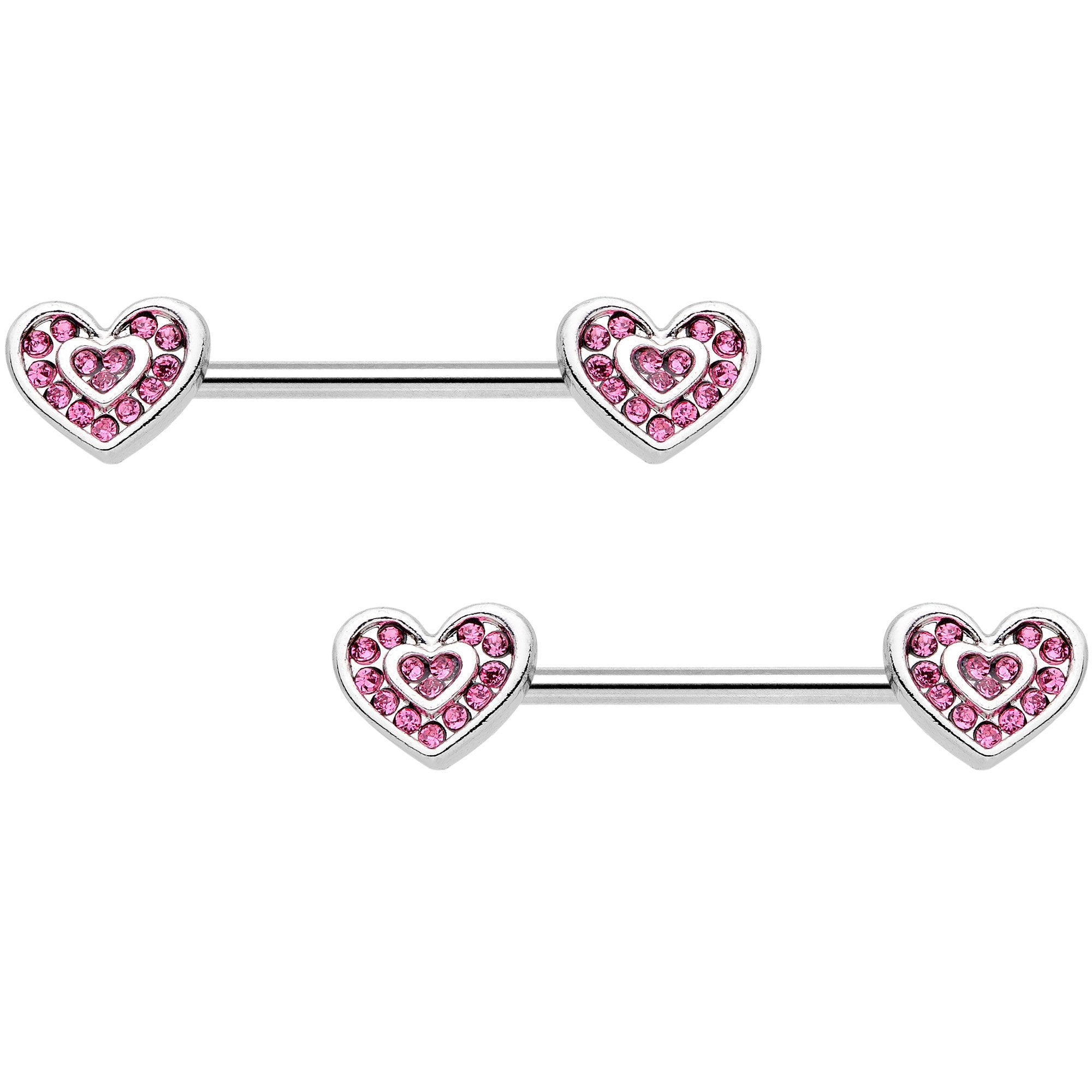14 Gauge 9/16 Pink Gem Passionate Heart Barbell Nipple Ring Set
