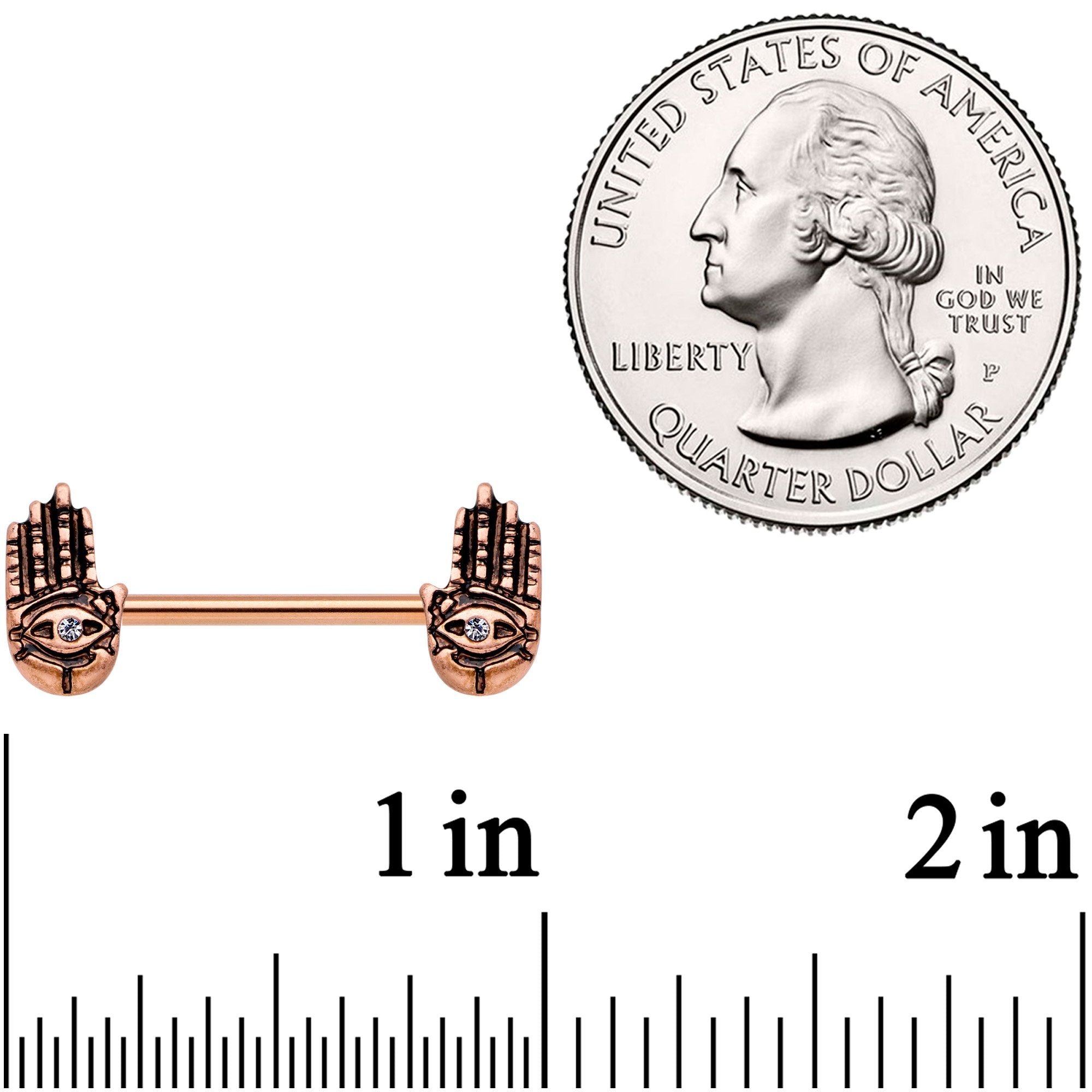 9/16 Clear Gem Rose Gold Tone Hamsa Hand Barbell Nipple Ring Set