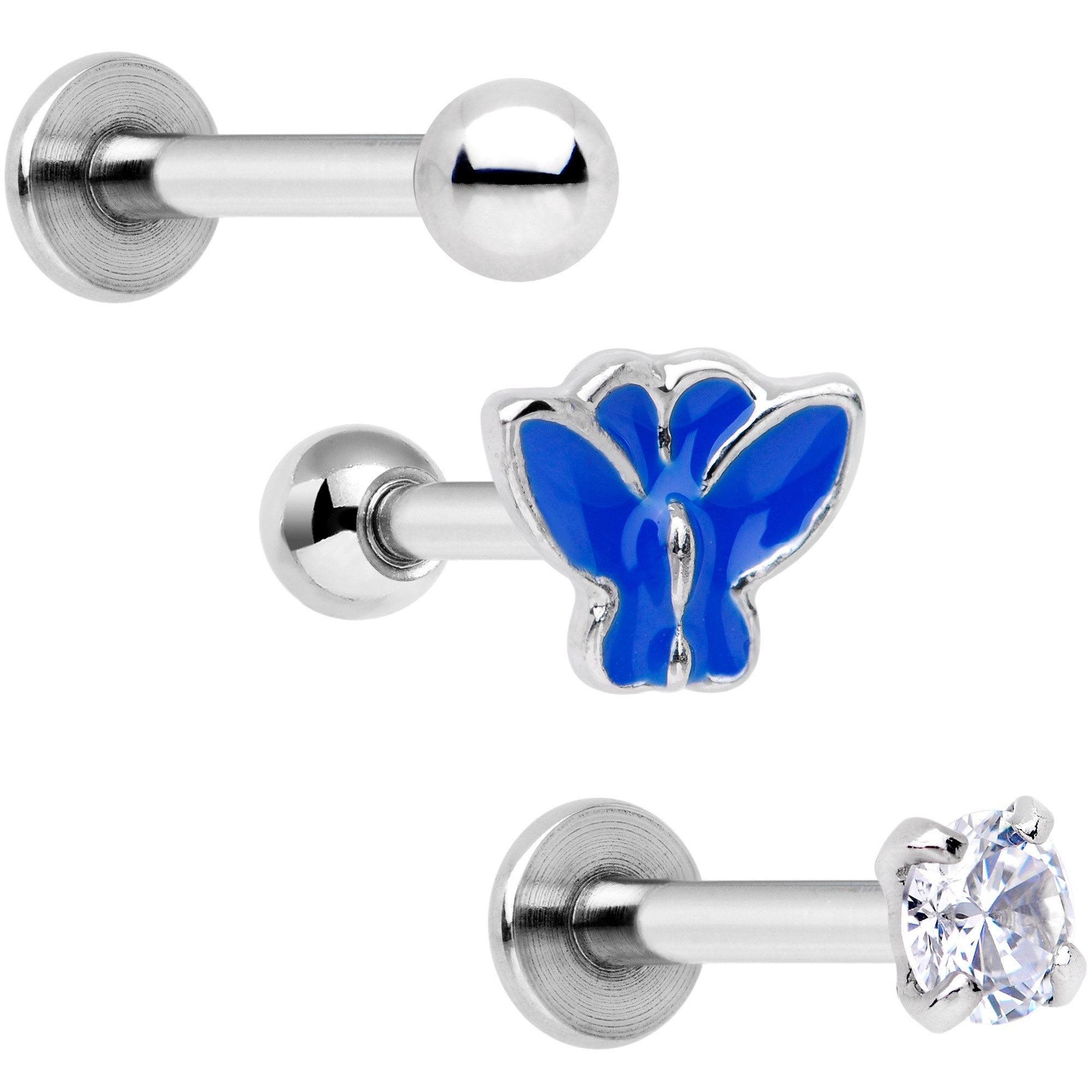 16G 1/4 Clear Gem Butterfly Cartilage Tragus Earring Set of 3
