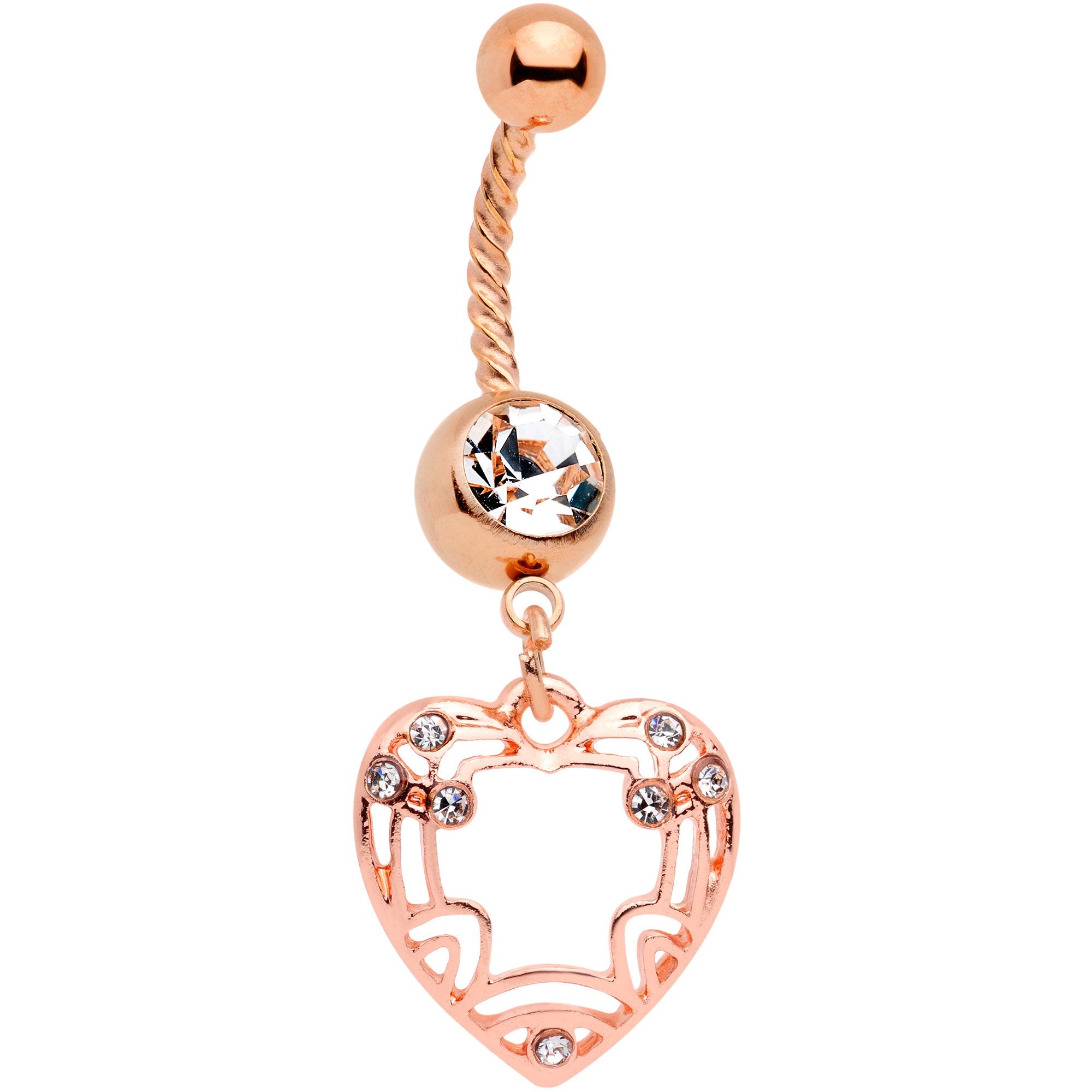 Clear Gem Rose Gold Tone Art Deco Heart Twisted Dangle Belly Ring