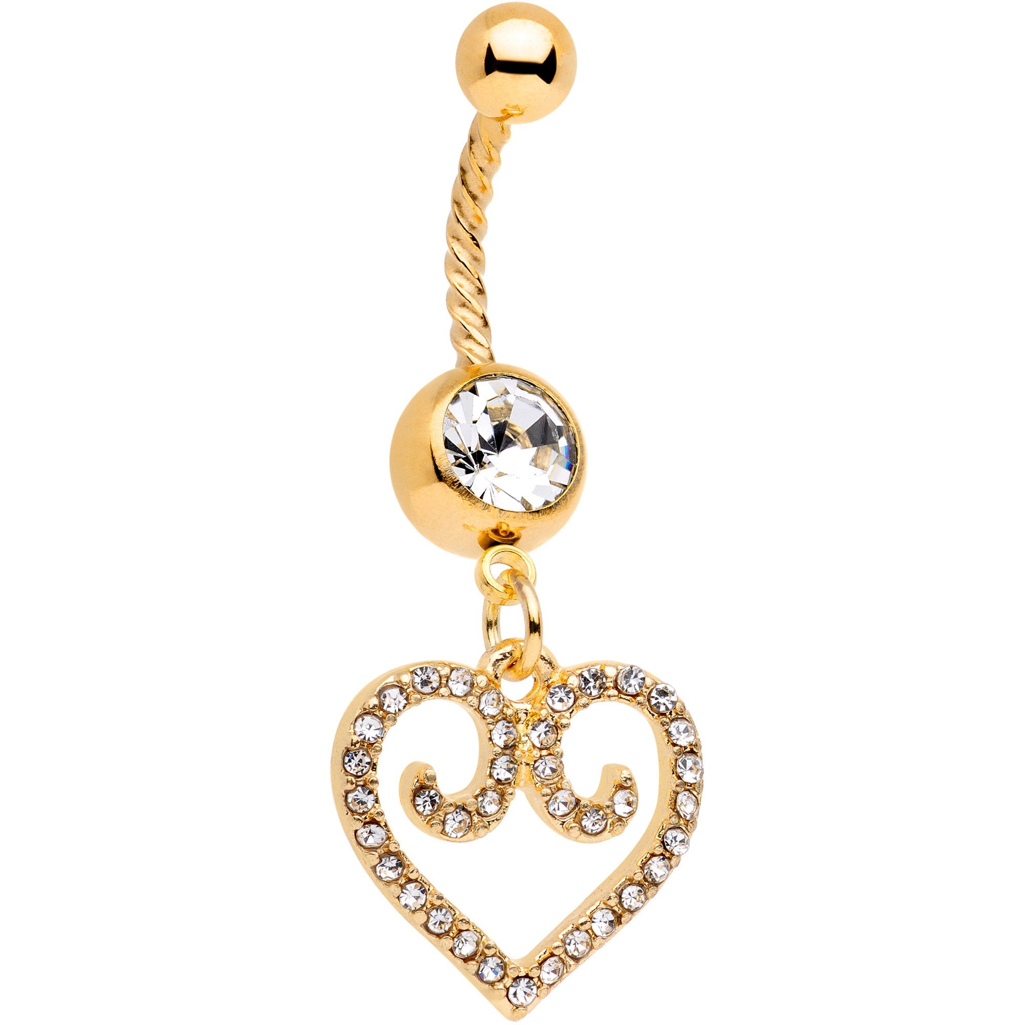 Clear Gem Gold Tone Regal Heart Twisted Dangle Belly Ring