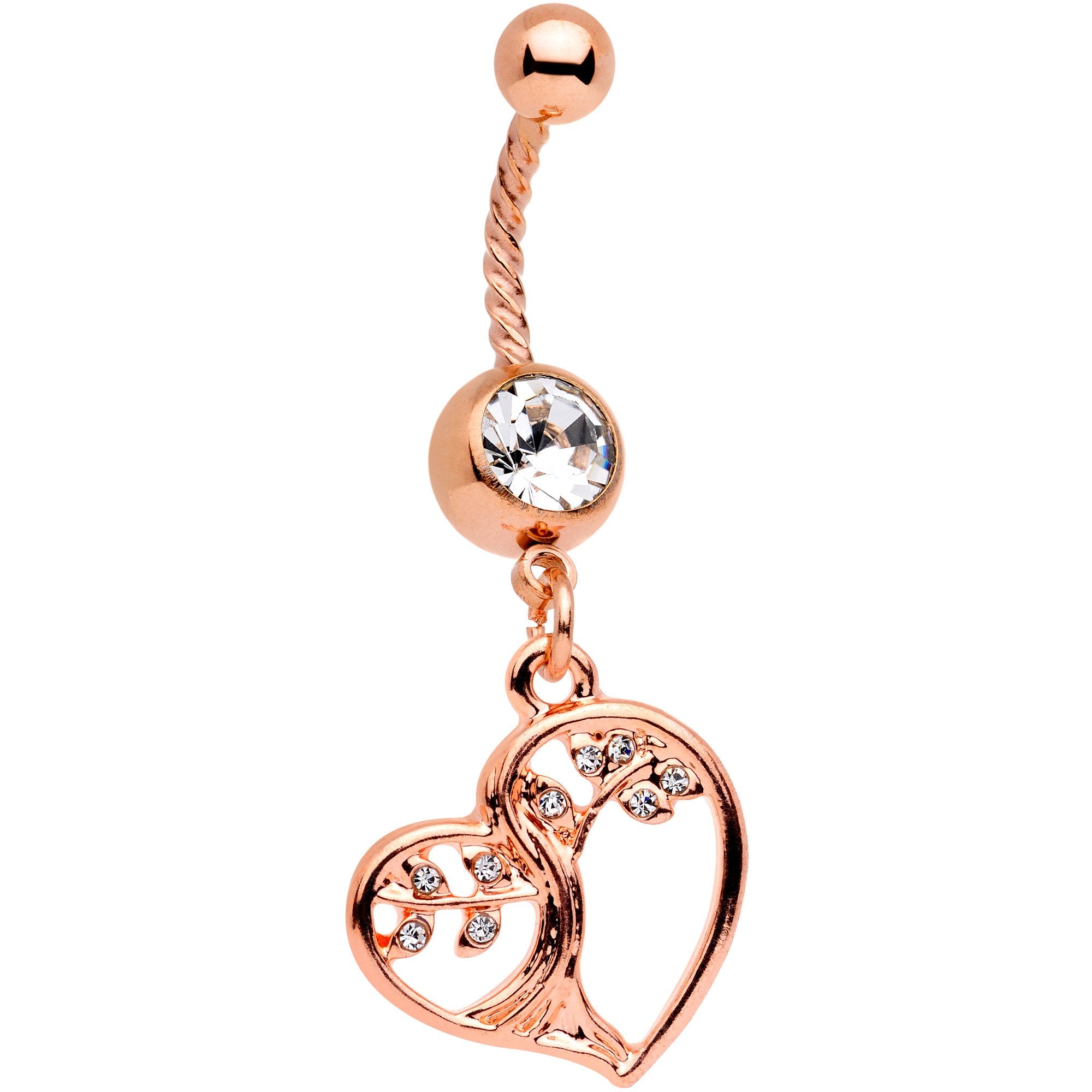 Clear Gem Rose Gold Tone Tree of Love Twisted Dangle Belly Ring