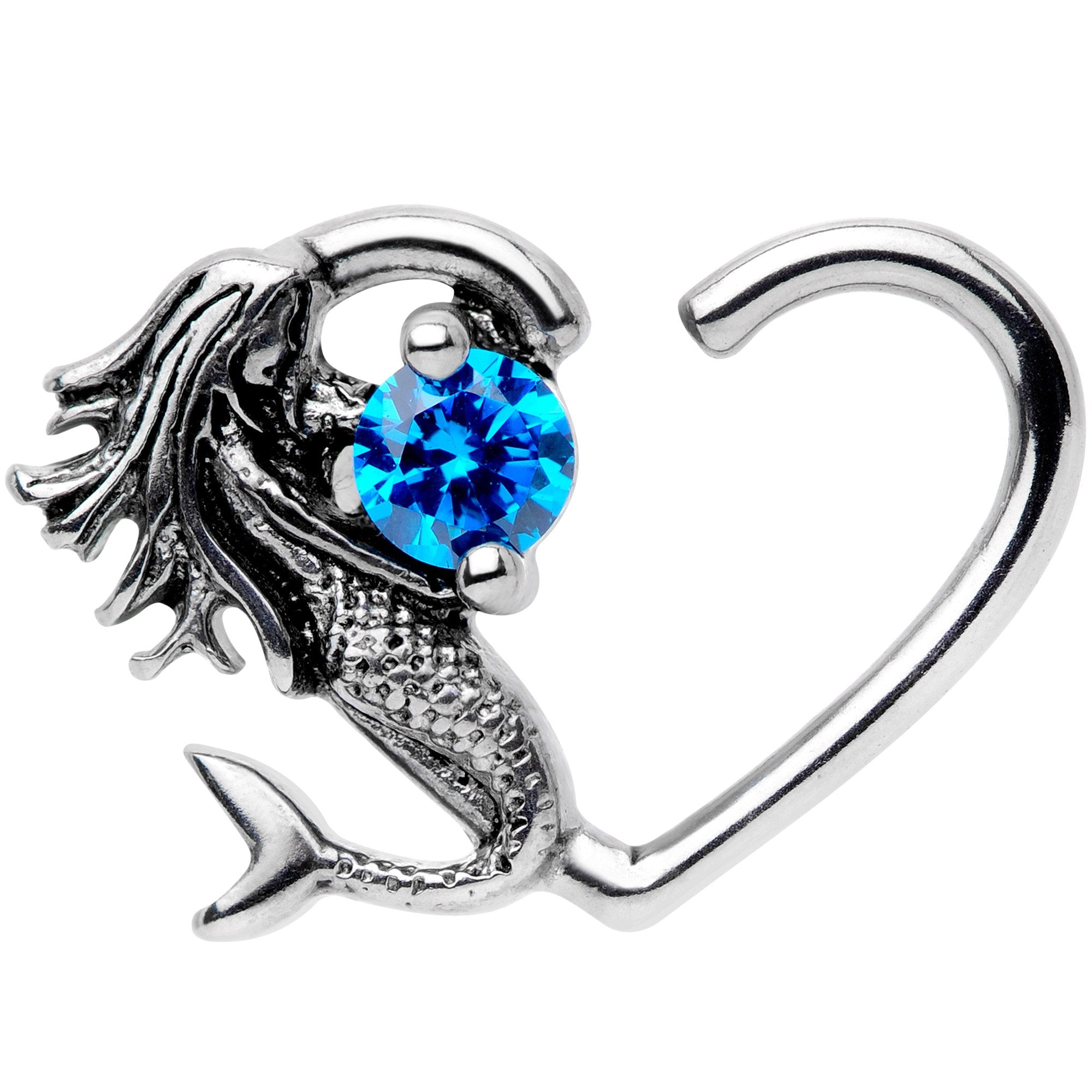 16 Gauge 3/8 Blue CZ Gem Mermaid Treasure Right Heart Closure Ring