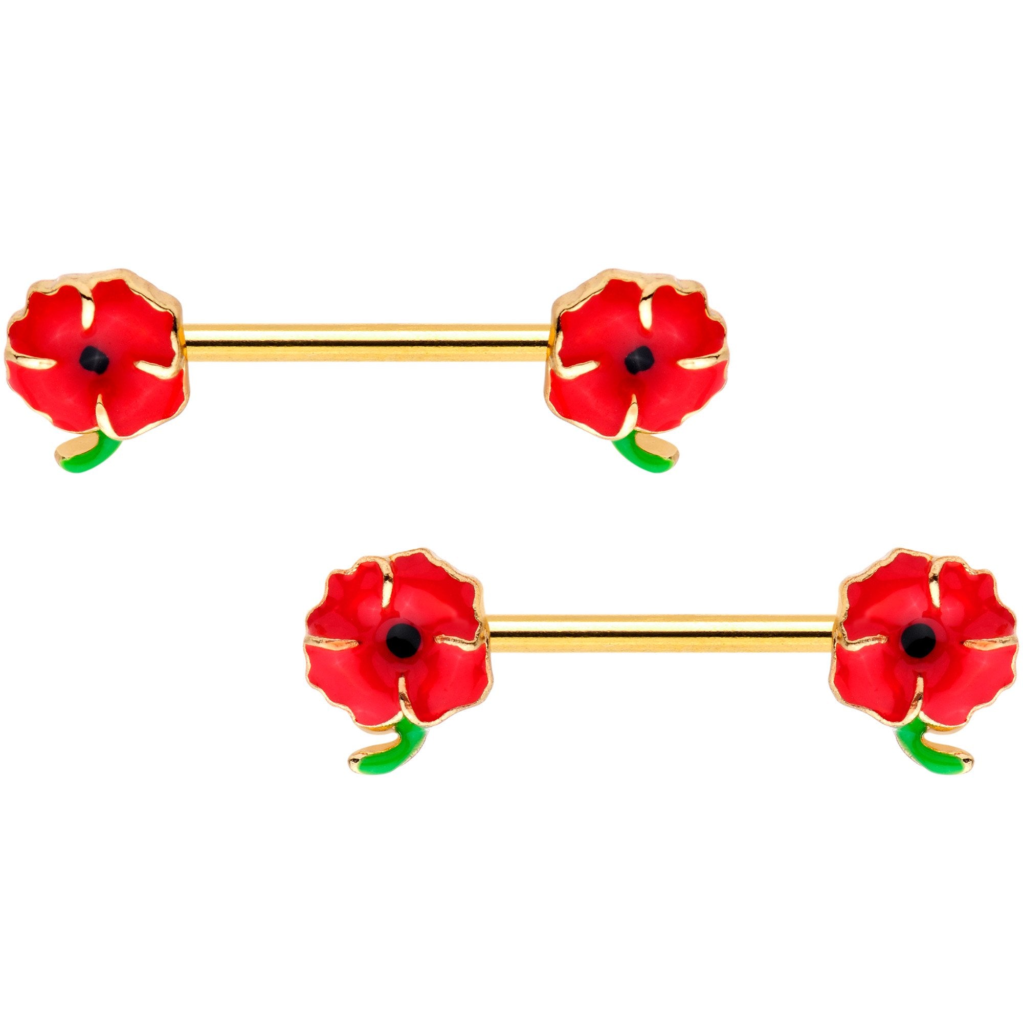 14 Gauge 9/16 Gold Tone Field of Poppies Barbell Nipple Ring Set