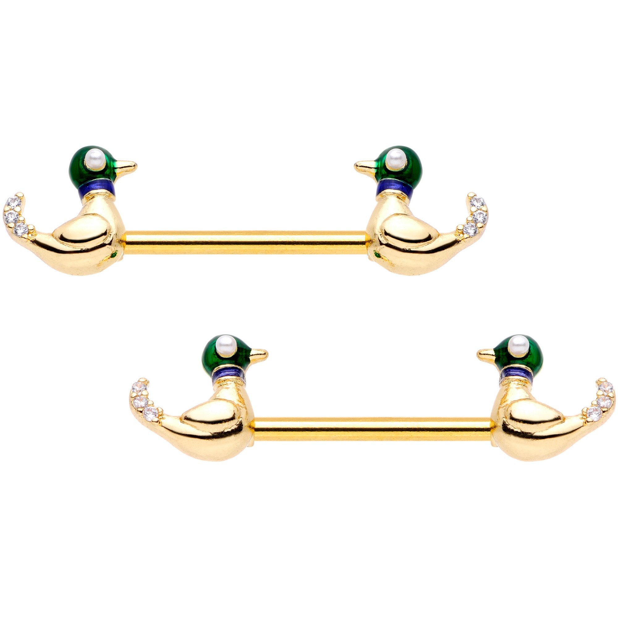 14 Gauge 9/16 Clear Gem Gold Tone Just Ducky Barbell Nipple Ring Set