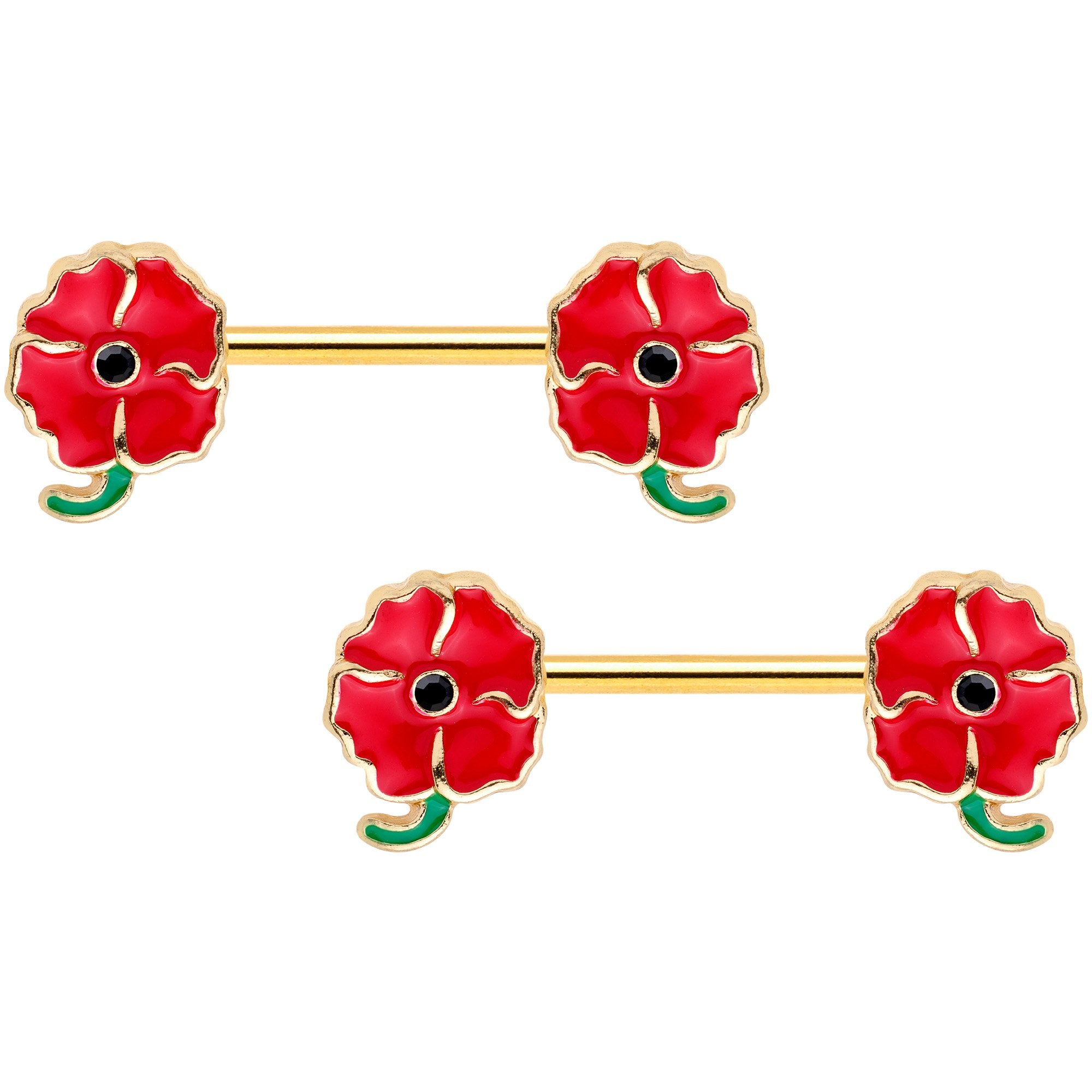 14G 9/16 Gold Tone Blooming Poppies Barbell Nipple Ring Set