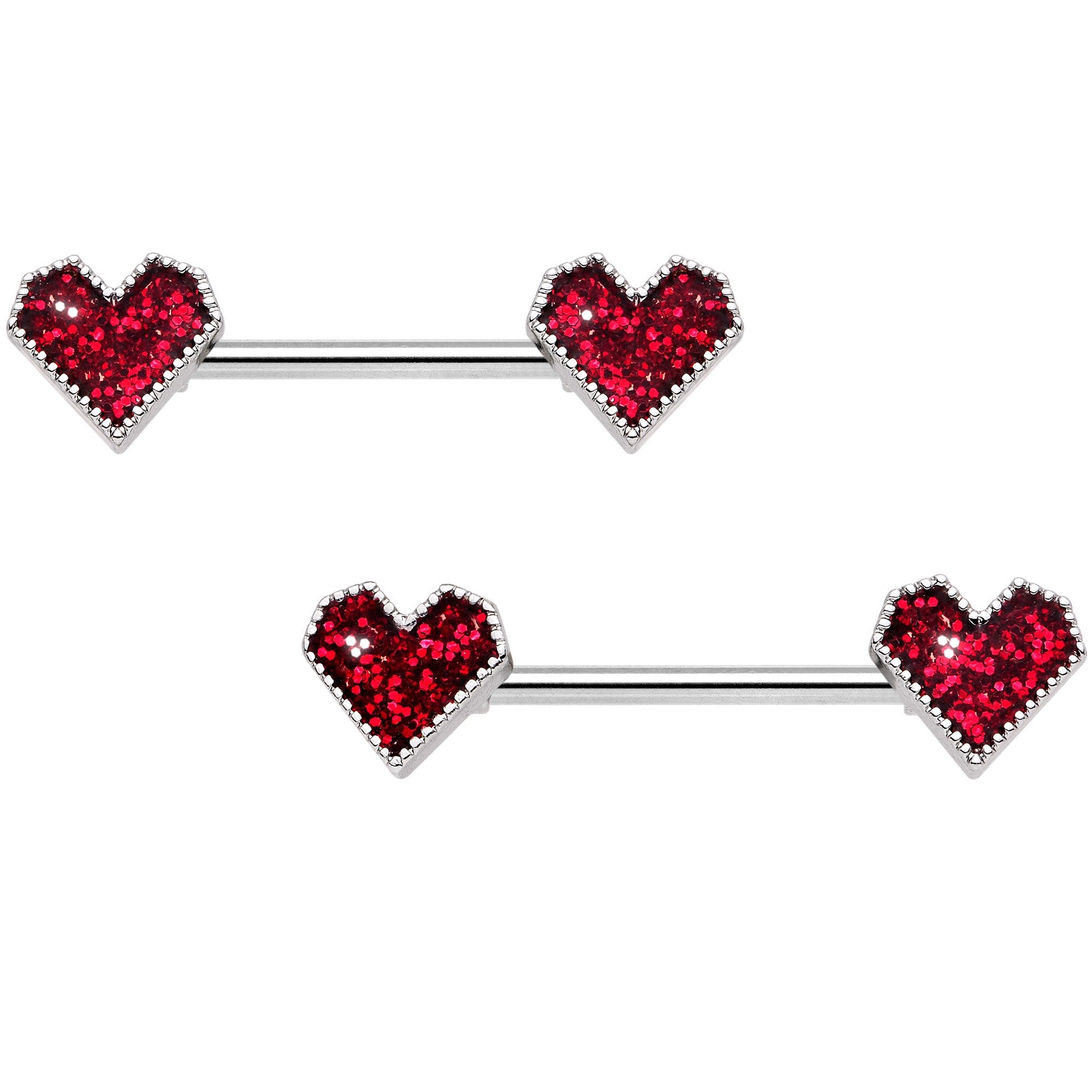 14 Gauge 9/16 Red Valentine Heart Barbell Nipple Ring Set