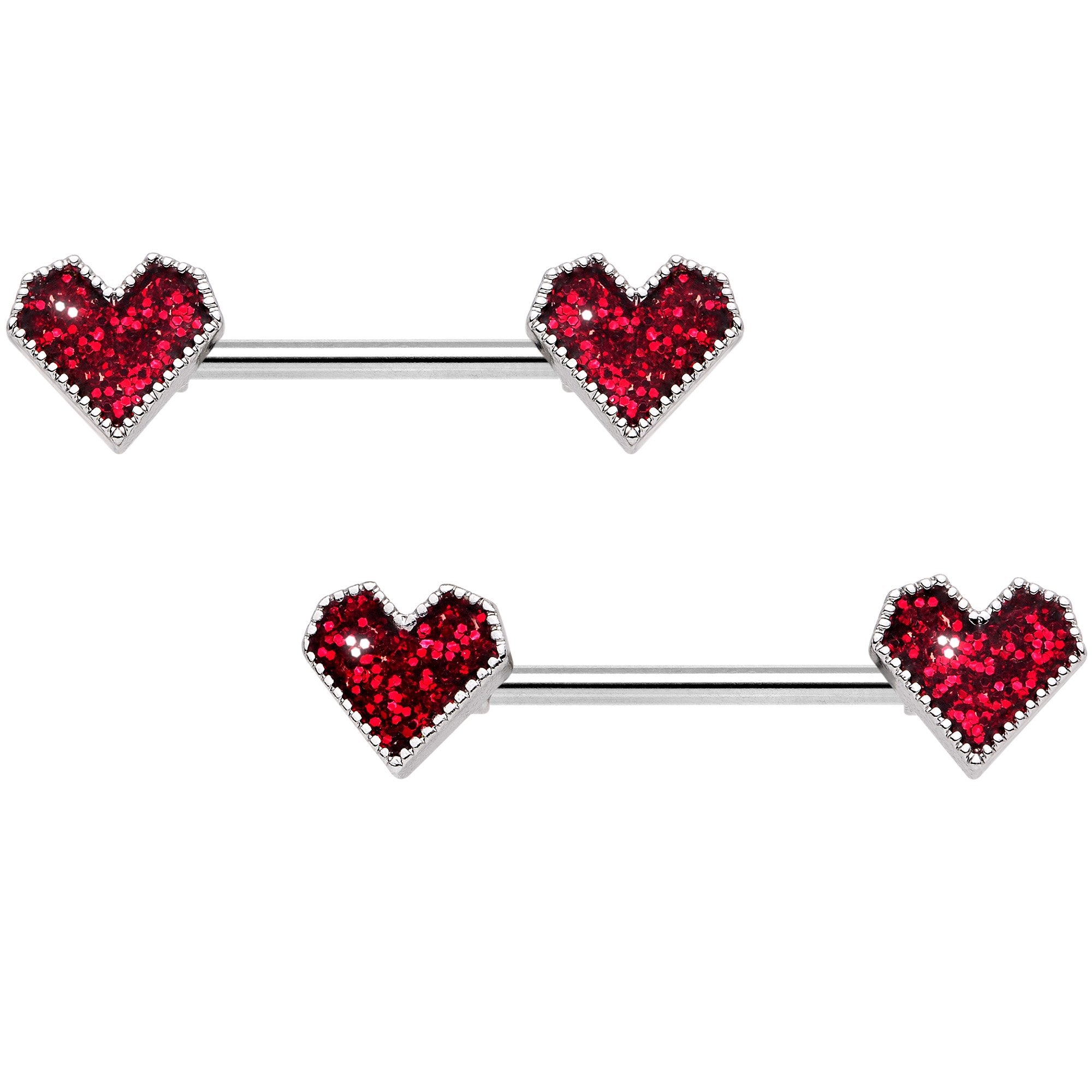 14G 9/16 Red Valentine Heart Barbell Nipple Ring Set