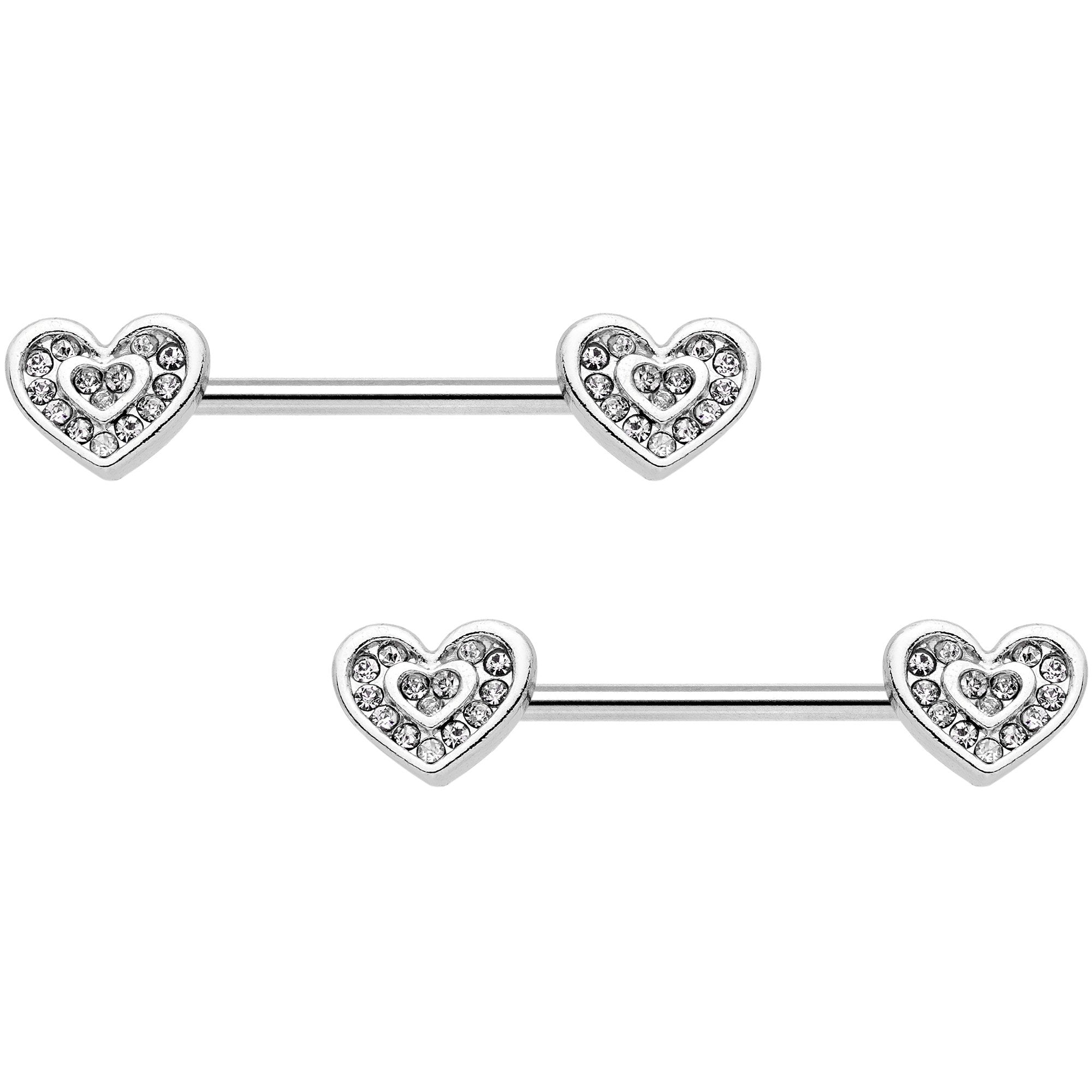 14 Gauge 5/8 Clear Gem Wrapped Hearts Barbell Nipple Ring Set