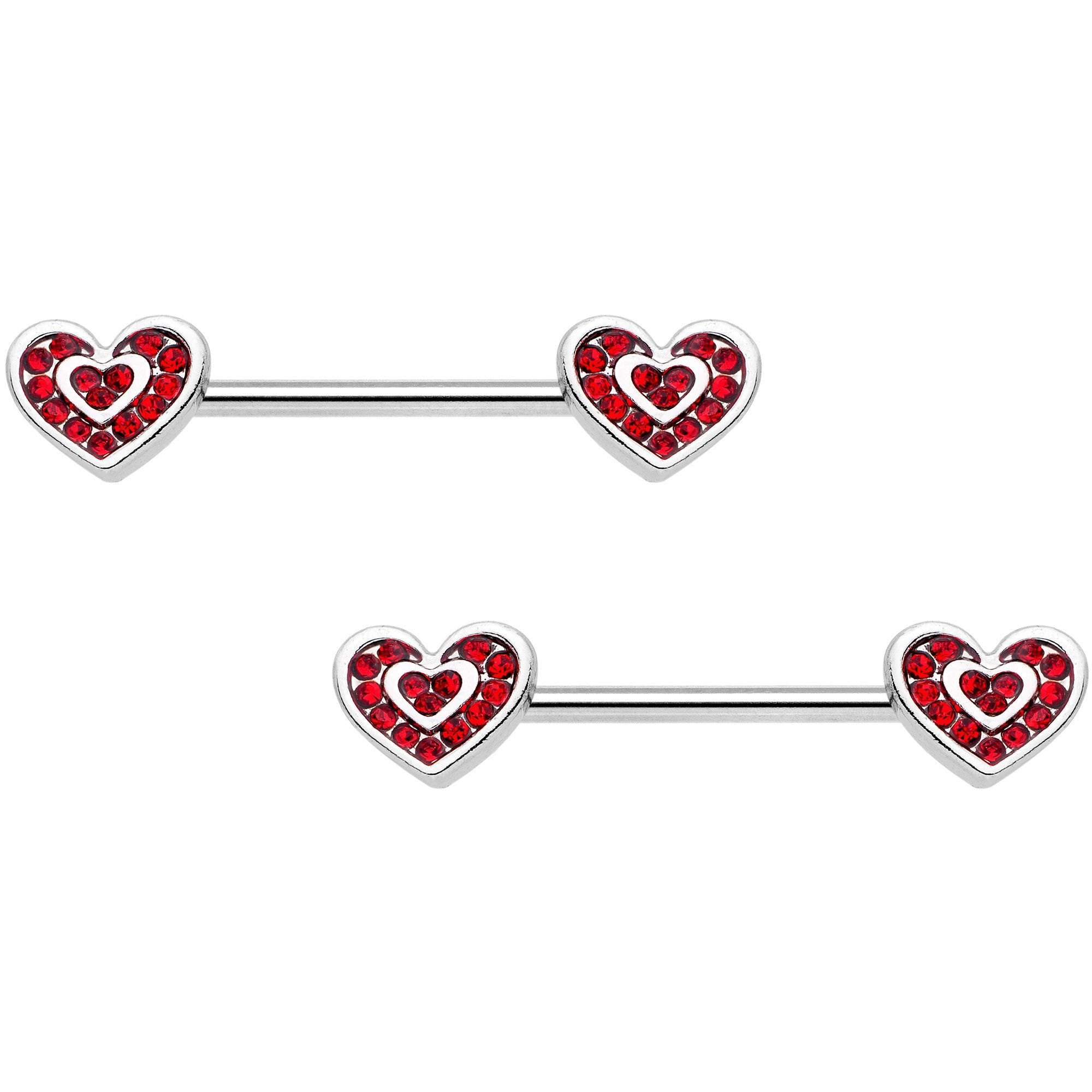 14 Gauge 5/8 Red Gem Wrapped Hearts Barbell Nipple Ring Set