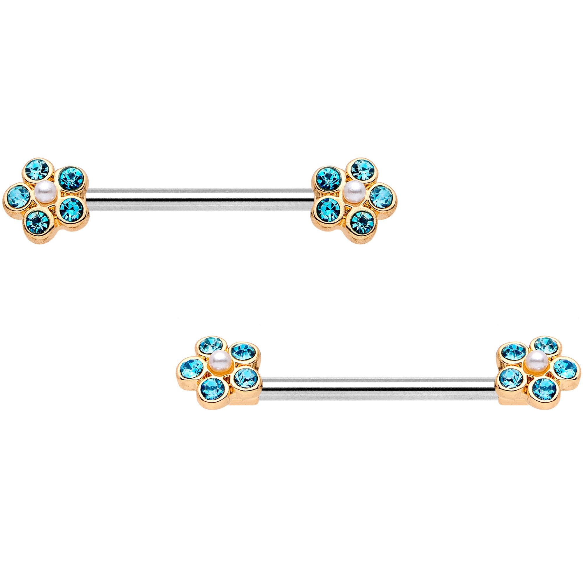14G 9/16 Aqua Gem Precious Flower Barbell Nipple Ring Set