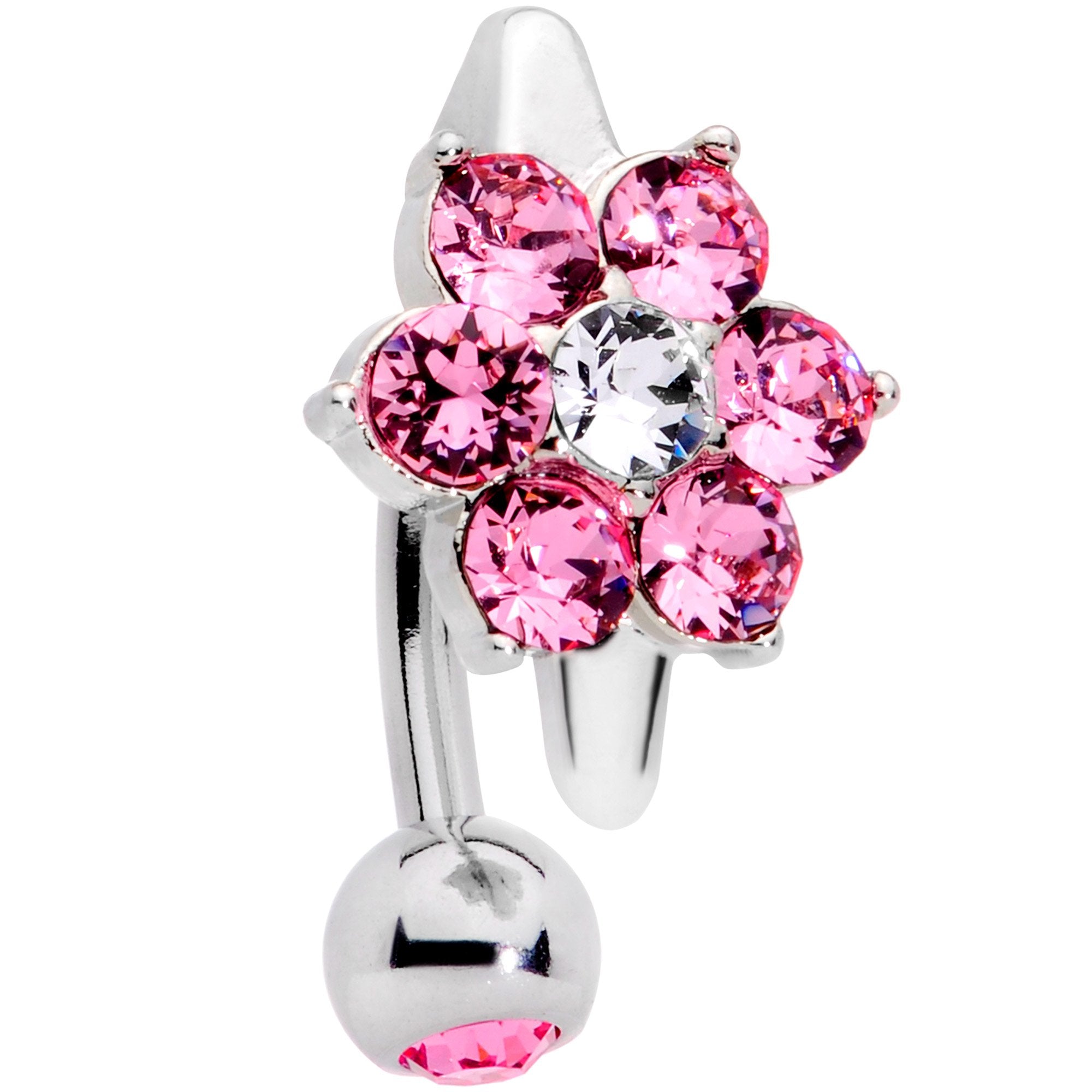 Pink Clear CZ Gem Pretty Posy Flower Top Mount Belly Ring