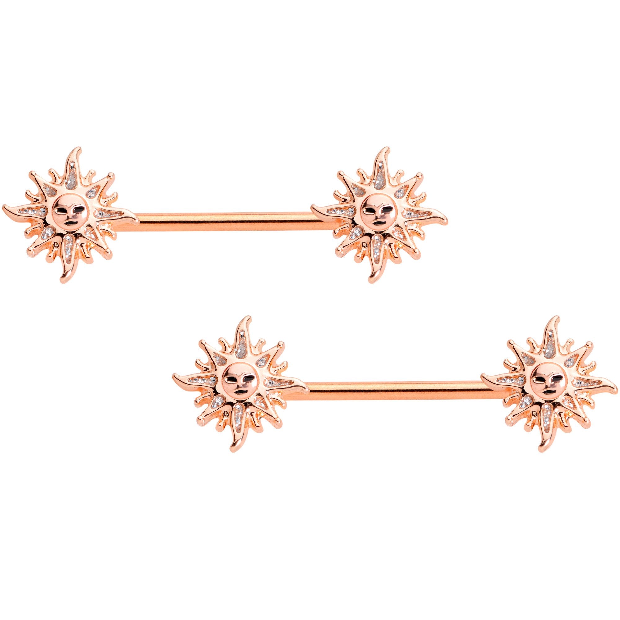14 Gauge 5/8 Glitter Inlay Rose Gold Tone Sun Barbell Nipple Ring Set