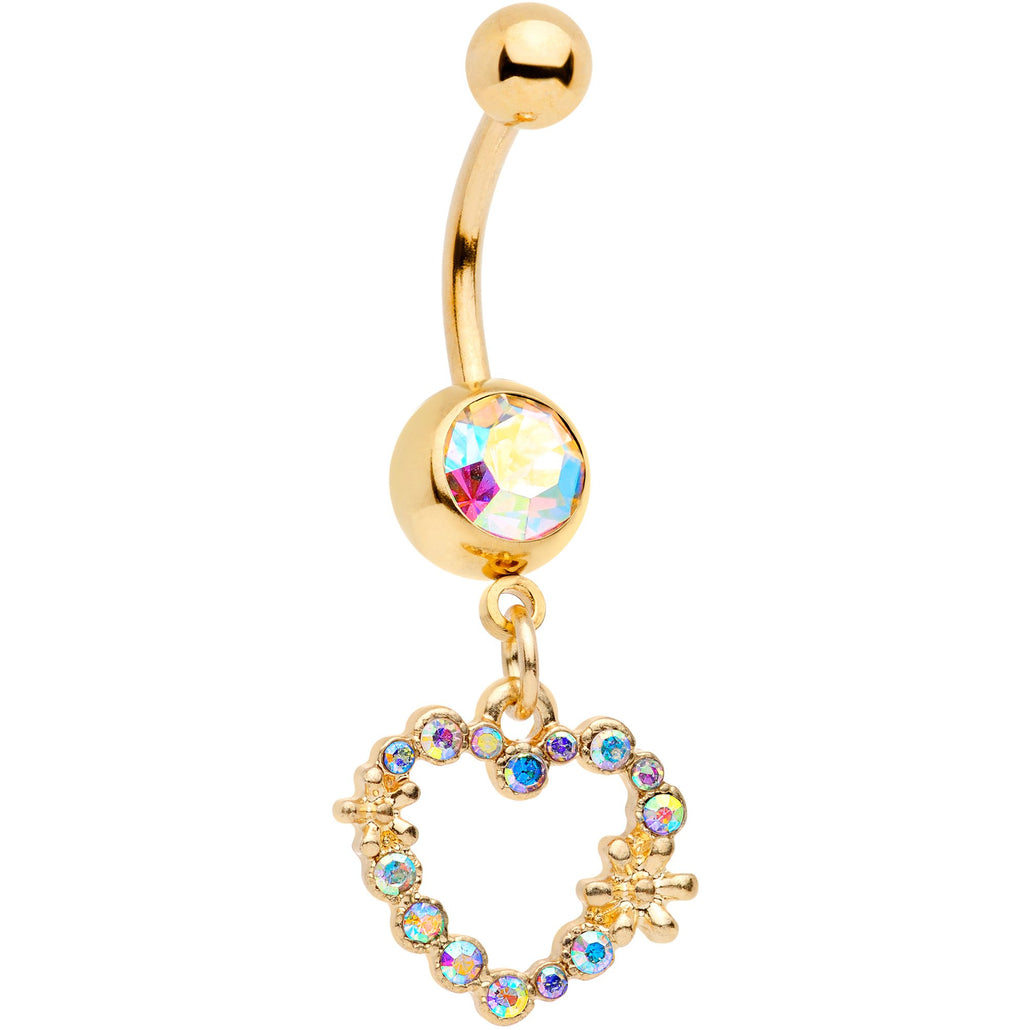 14 Gauge 7/16 Aurora Gem Gold Tone Heart Dangle Belly Ring