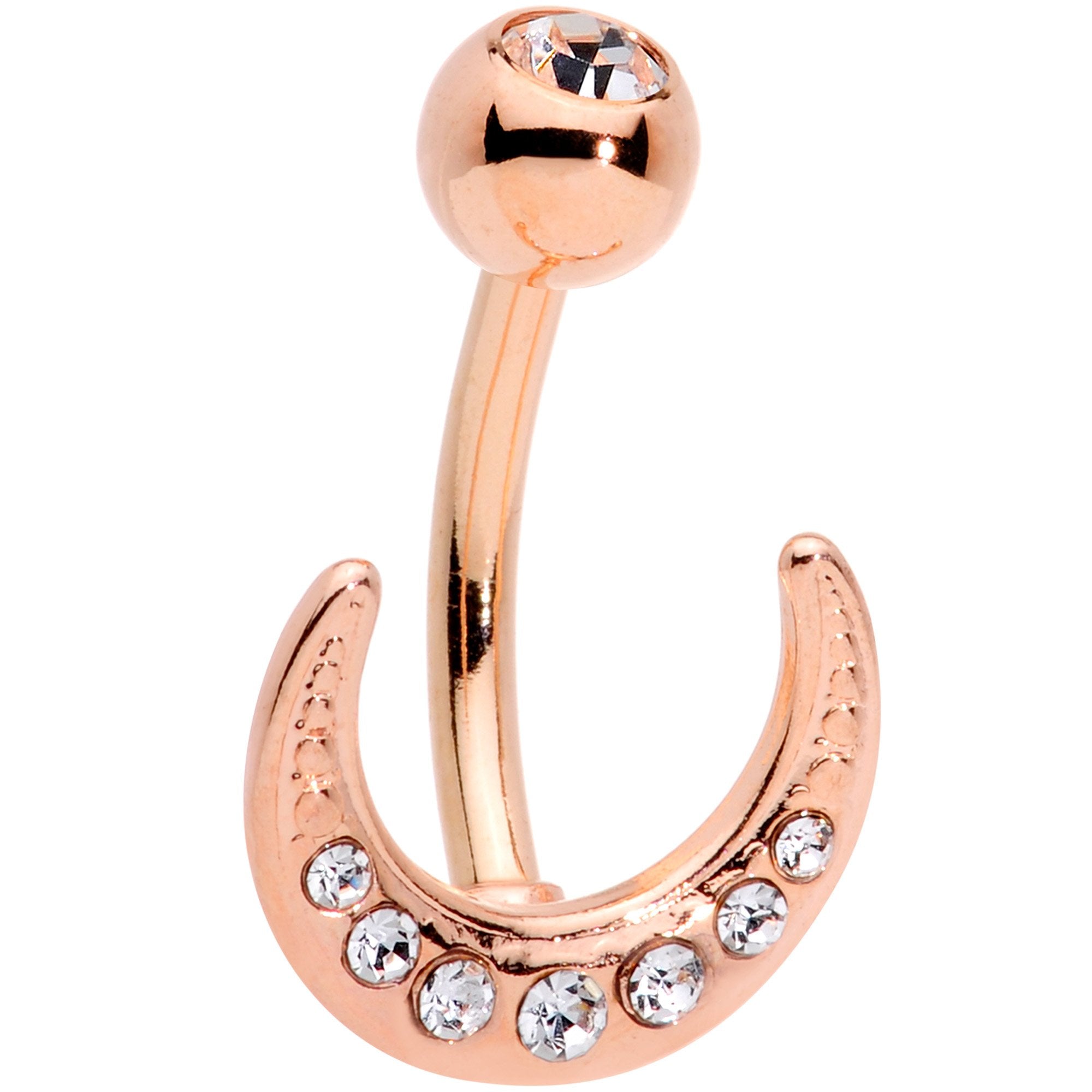 Clear CZ Gem Rose Gold Tone Crescent Moon Belly Ring