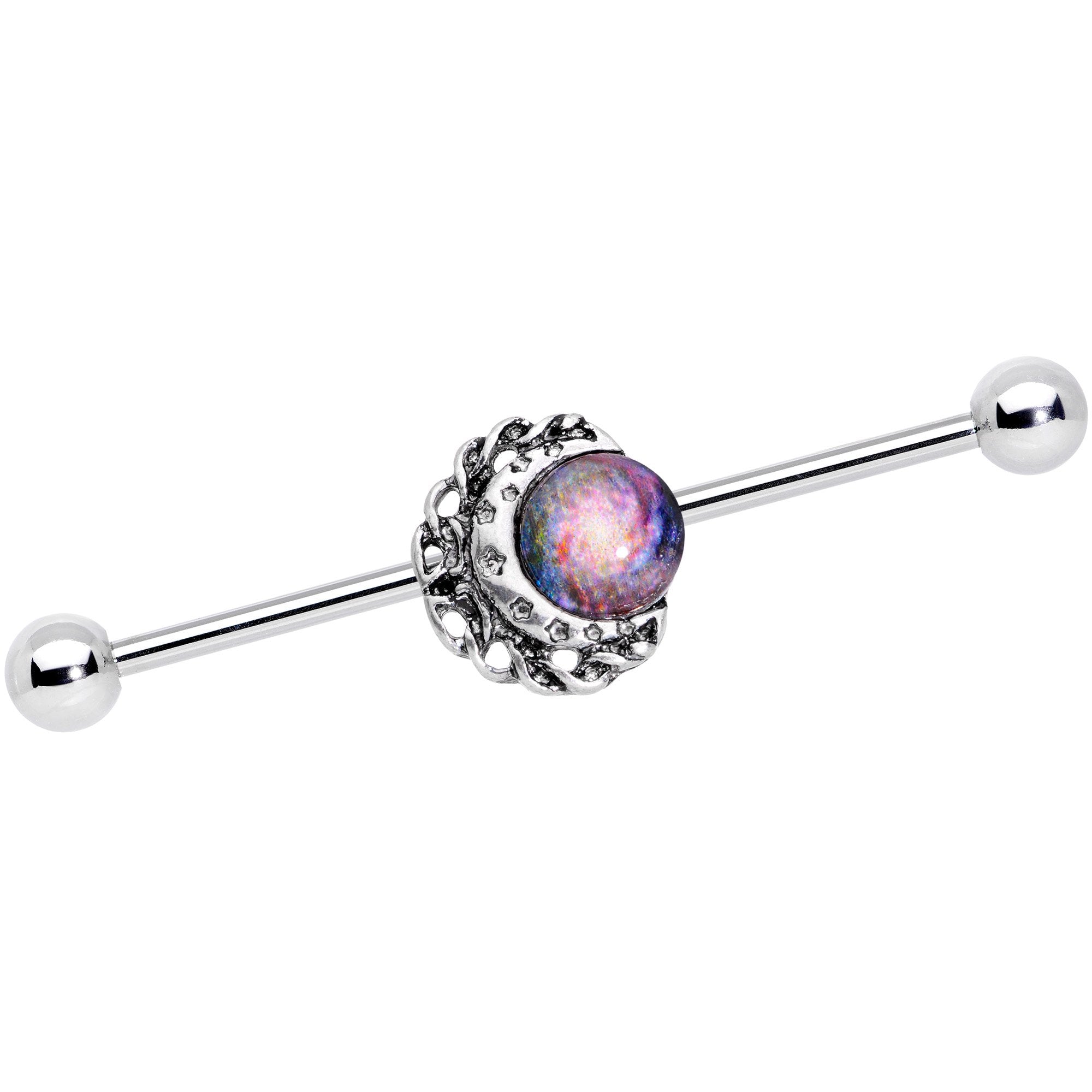 14 Gauge Swirling Galaxy Inlay Crescent Moon Industrial Barbell 38mm
