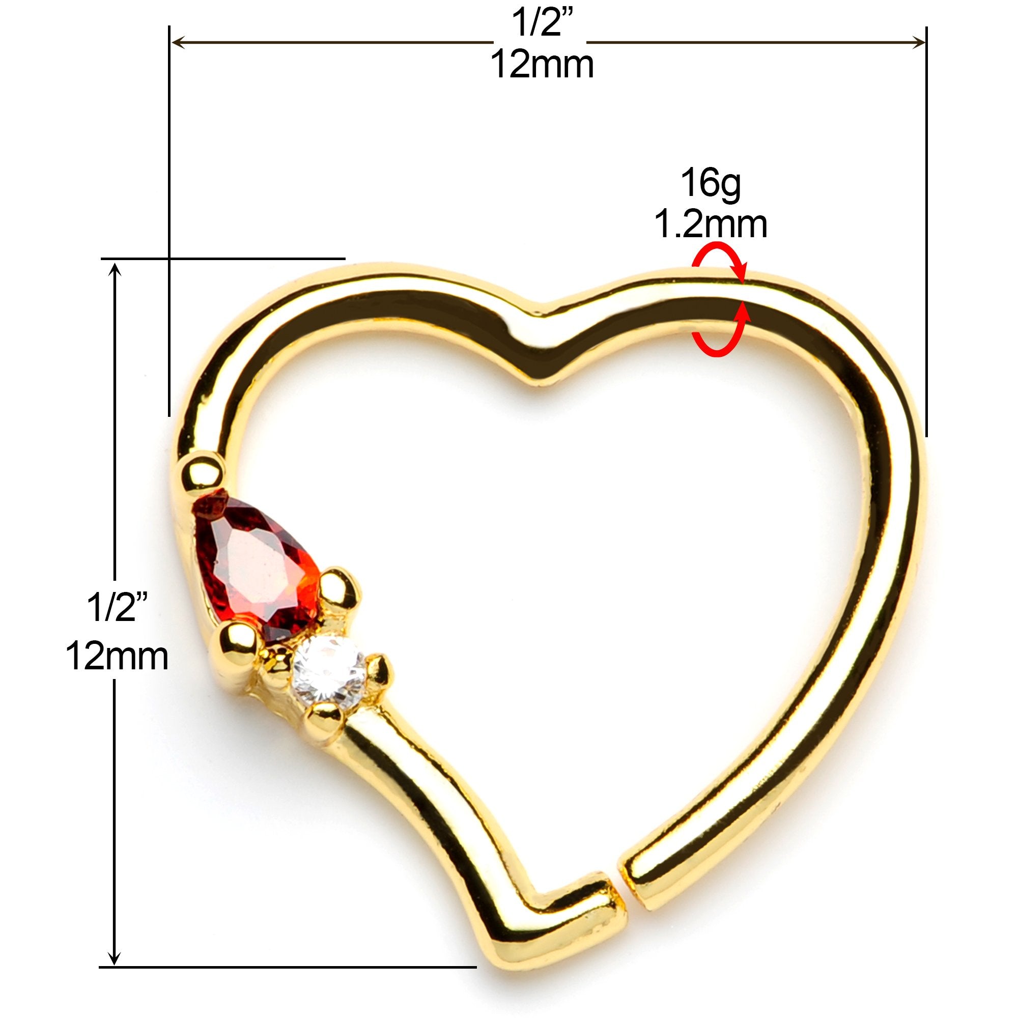 16 Gauge 3/8 Red Gem Gold Tone Heart Daith Cartilage Tragus Earring