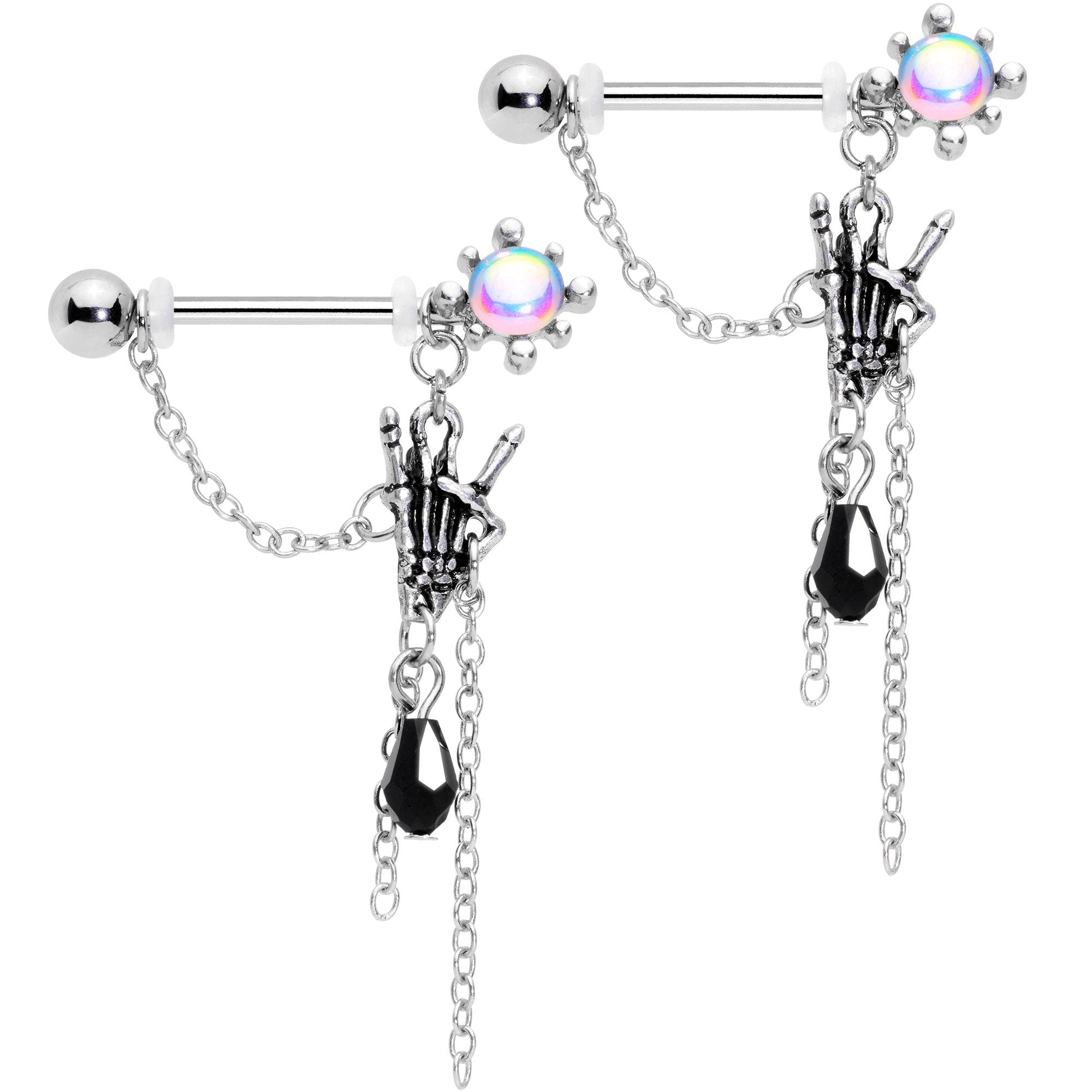 9/16 Black Gem Skeleton Heavy Metal Dangle Barbell Nipple Ring Set