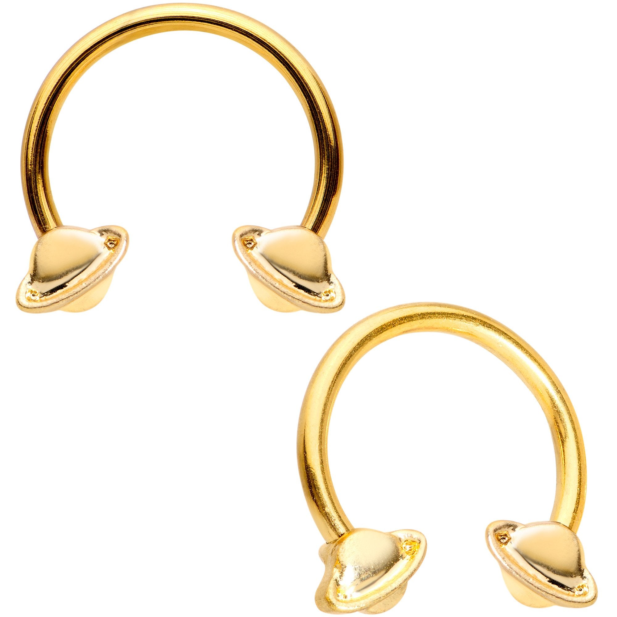 14 Gauge 13mm Gold Tone Sexy Saturn Horseshoe Nipple Ring Set
