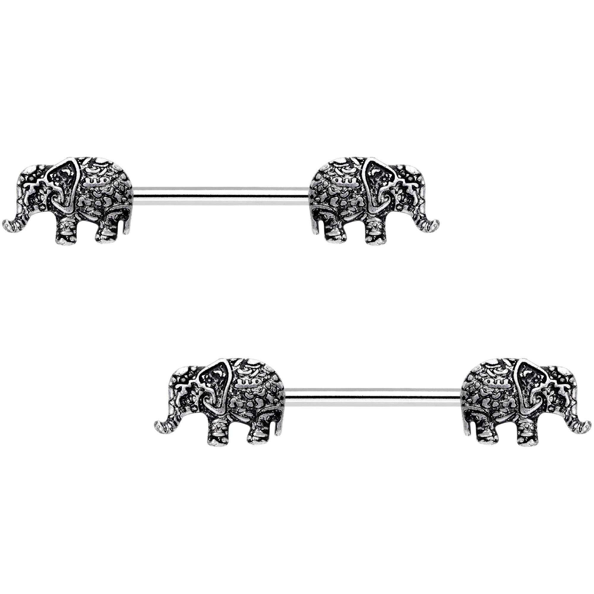 14 Gauge 9/16 Ornate Pattern Elephant Barbell Nipple Ring Set