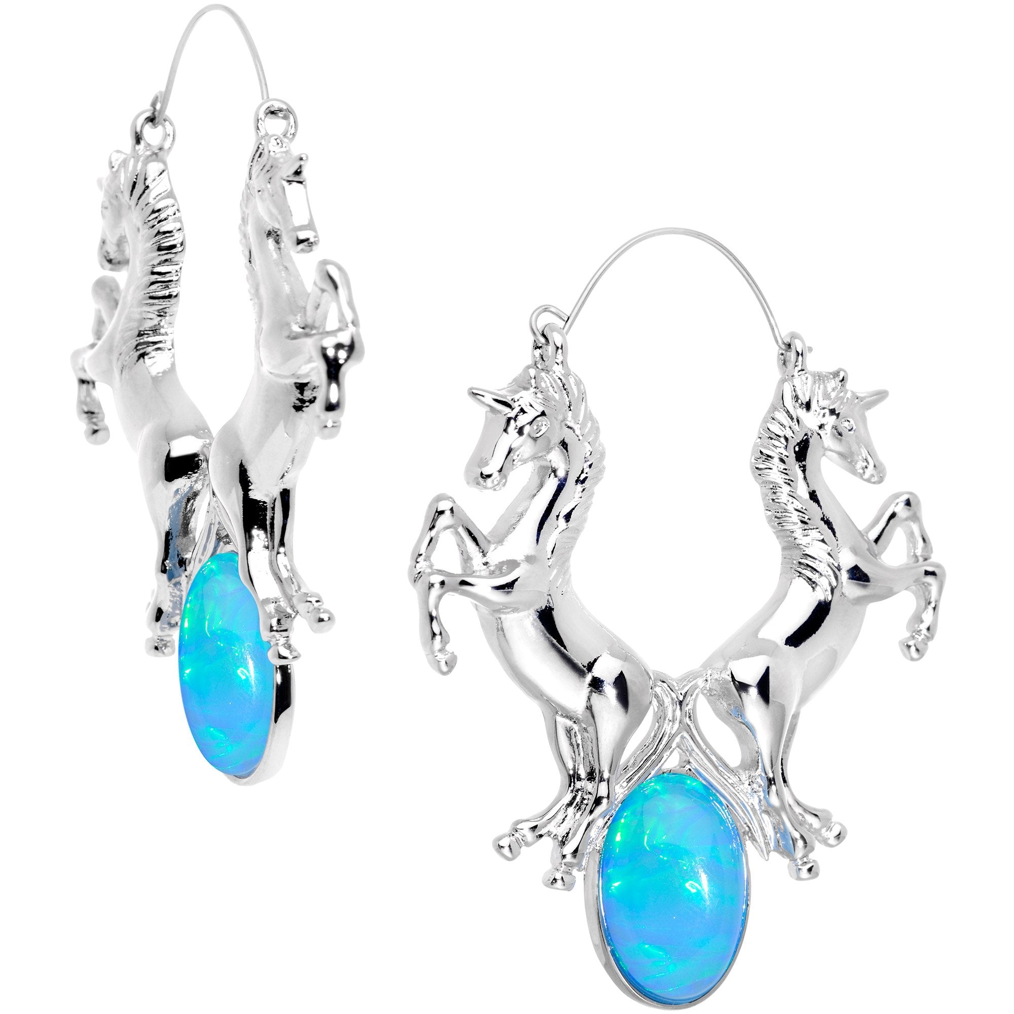 Blue Faux Opal Leaping Unicorns Tunnel Plug Earrings