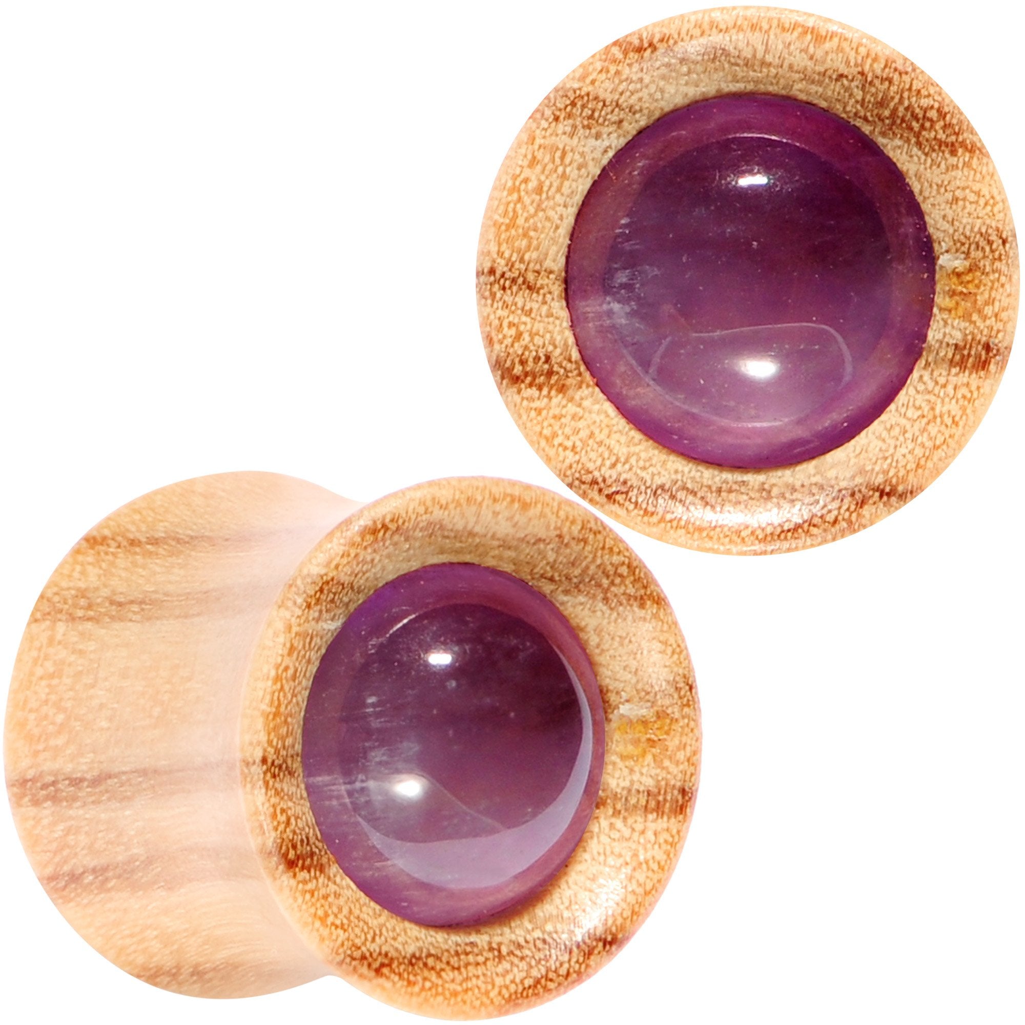 Purple CZ Gem Olive Wood Natural Beauty Saddle Plug Set 5mm to 25mm