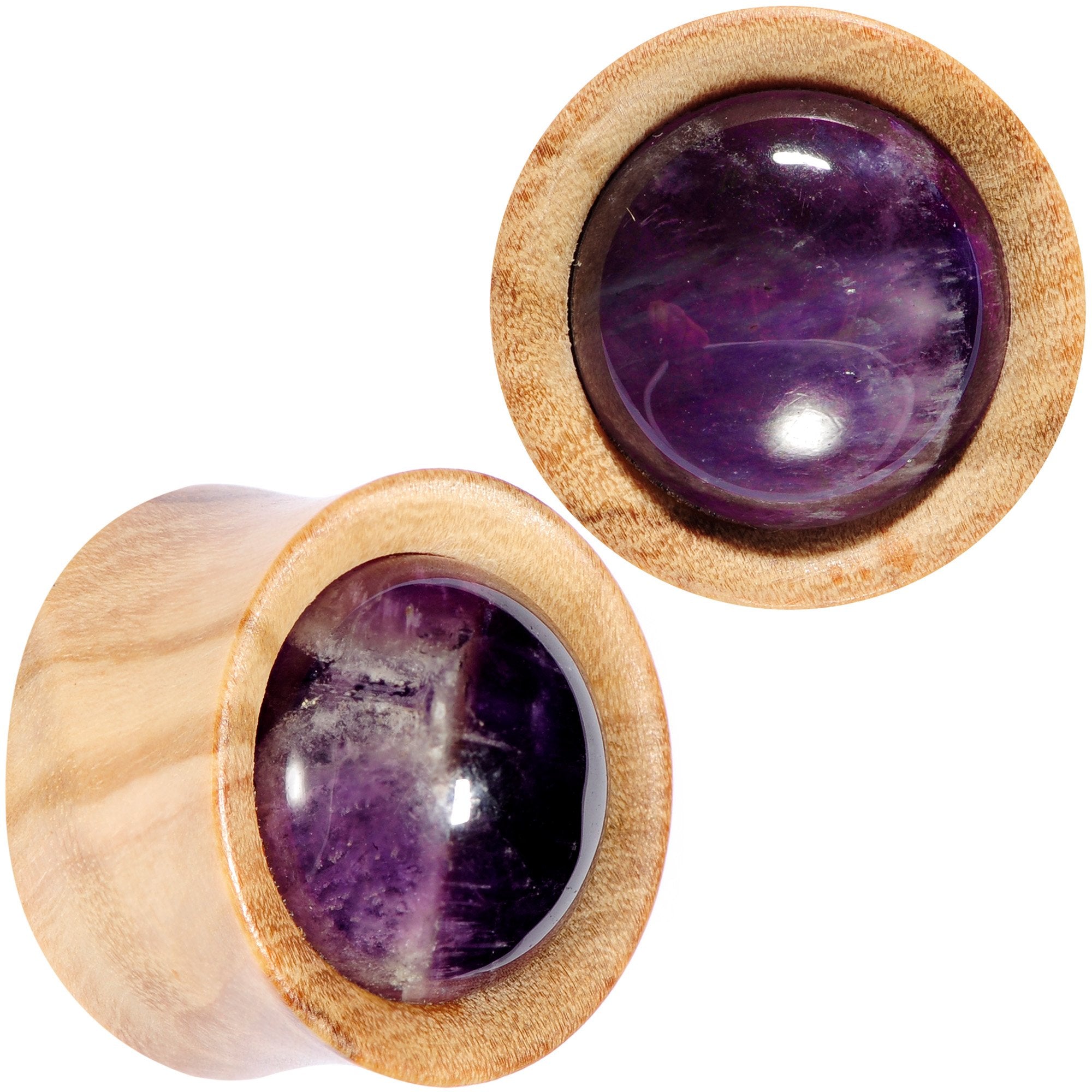 Purple CZ Gem Olive Wood Natural Beauty Saddle Plug Set 5mm to 25mm