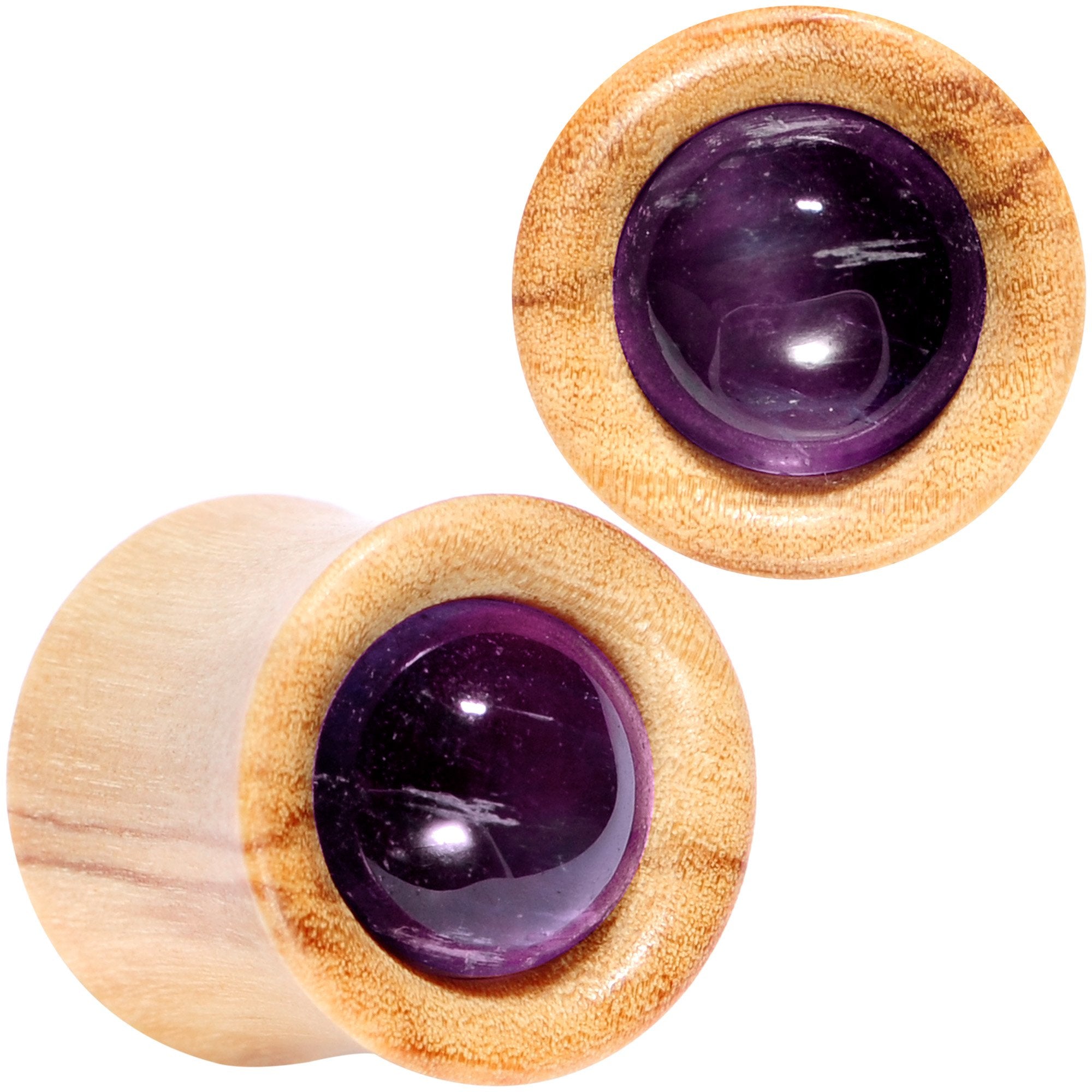Purple CZ Gem Olive Wood Natural Beauty Saddle Plug Set 5mm to 25mm