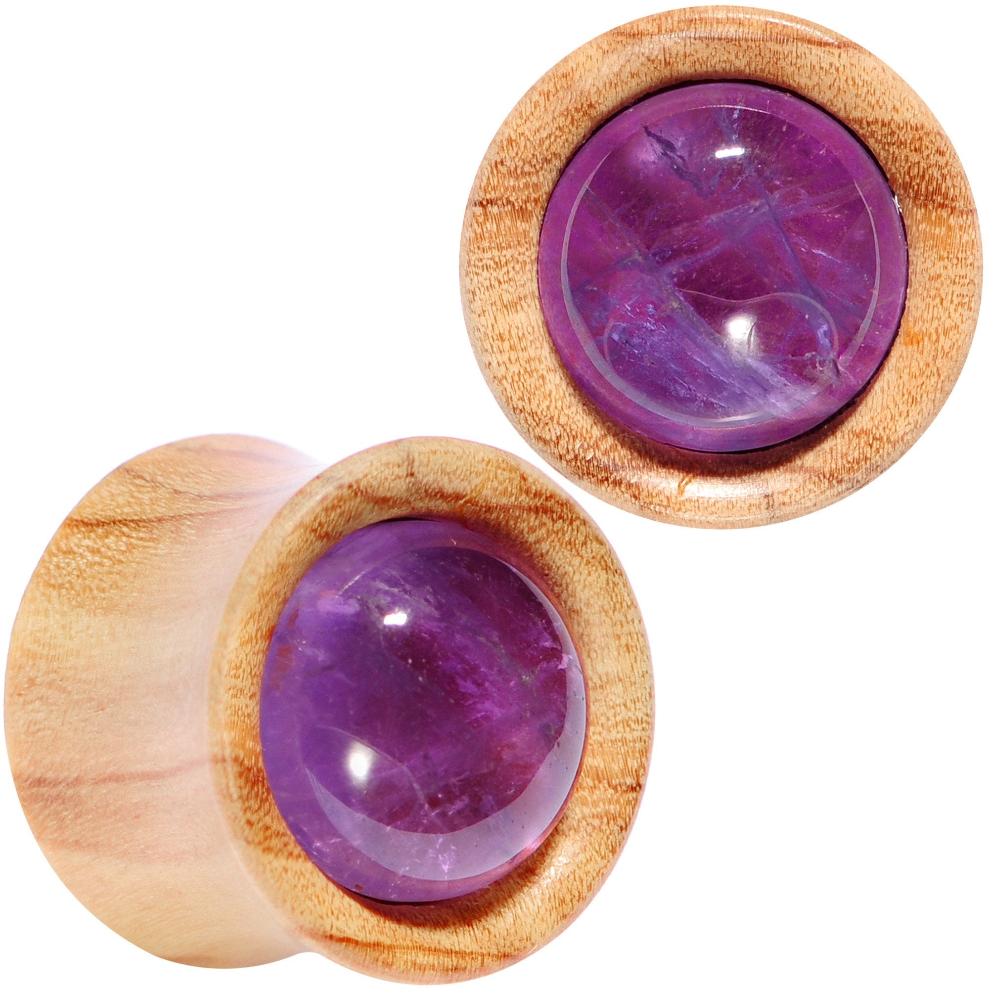 Purple CZ Gem Olive Wood Natural Beauty Saddle Plug Set 5mm to 25mm