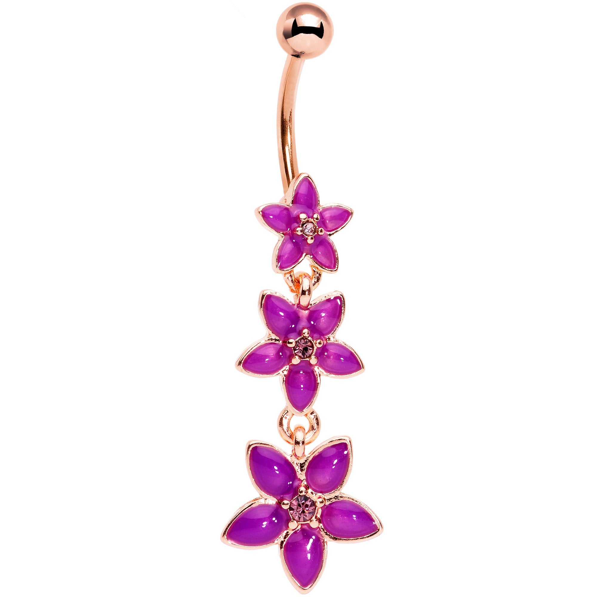 Purple Gem Rose Gold Tone Passionate Purple Petals Flower Dangle Belly Ring