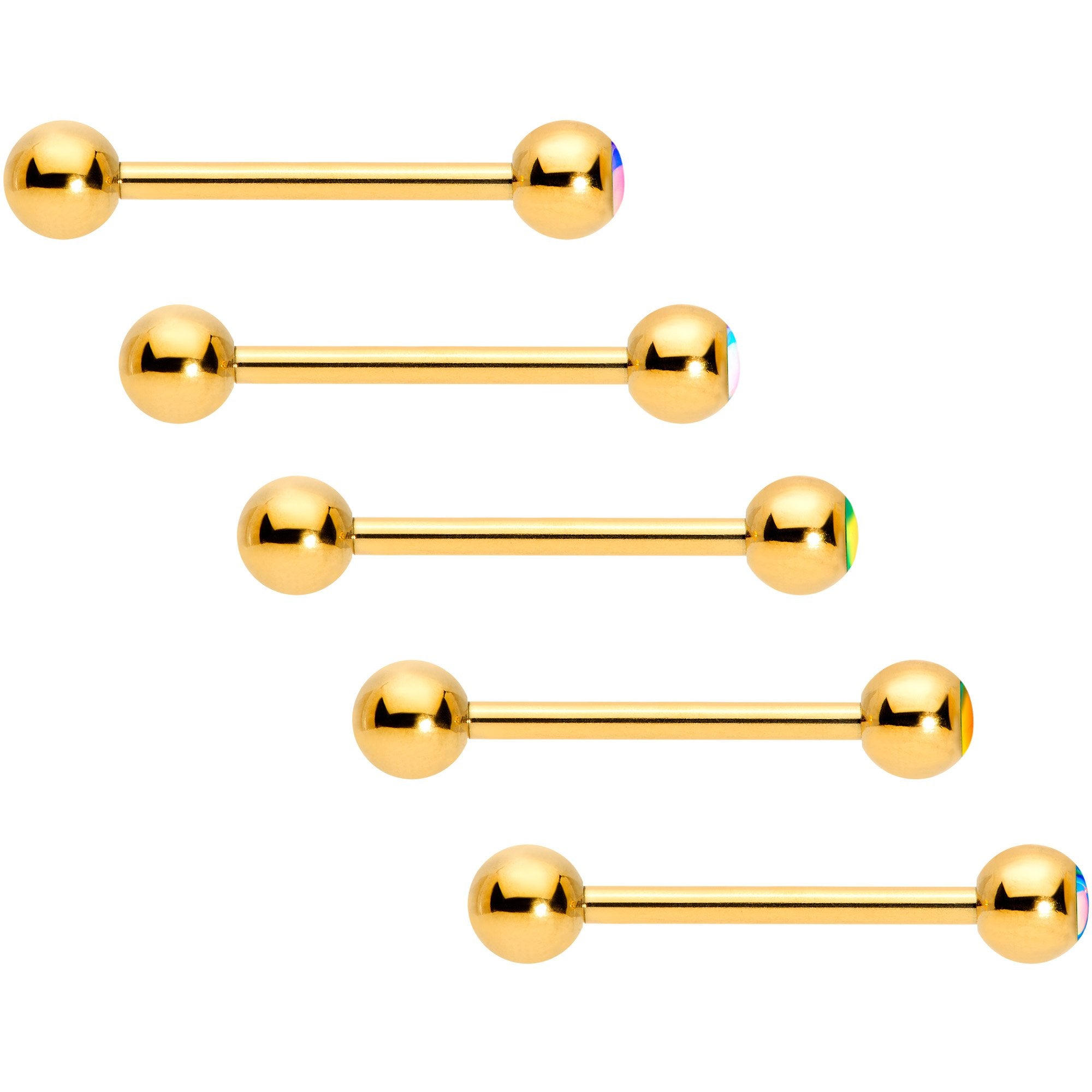 Aurora Gem Inlay Gold Tone Barbell Tongue Ring Set of 5