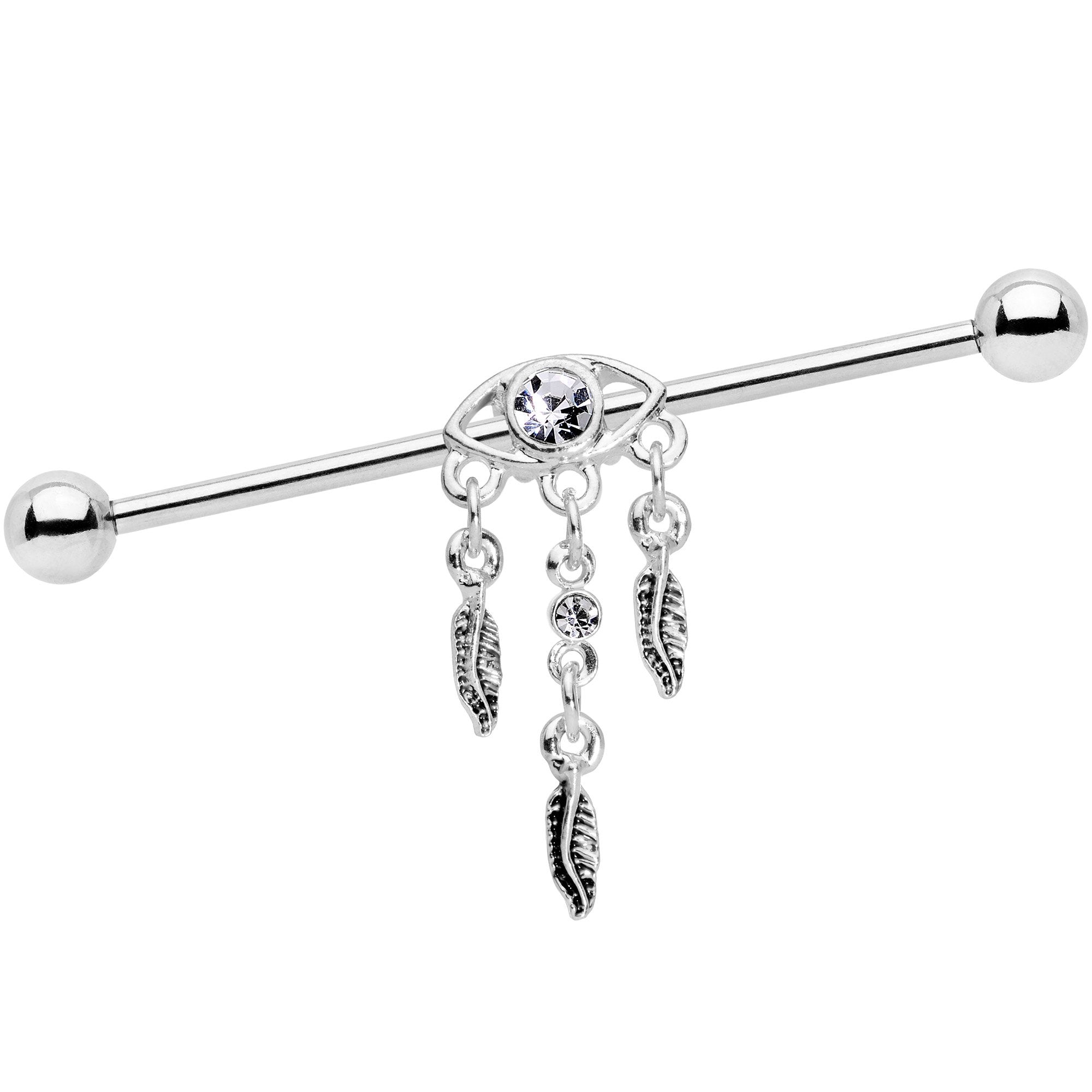Clear Gem Eye Feather Dangle Industrial Barbell 38mm