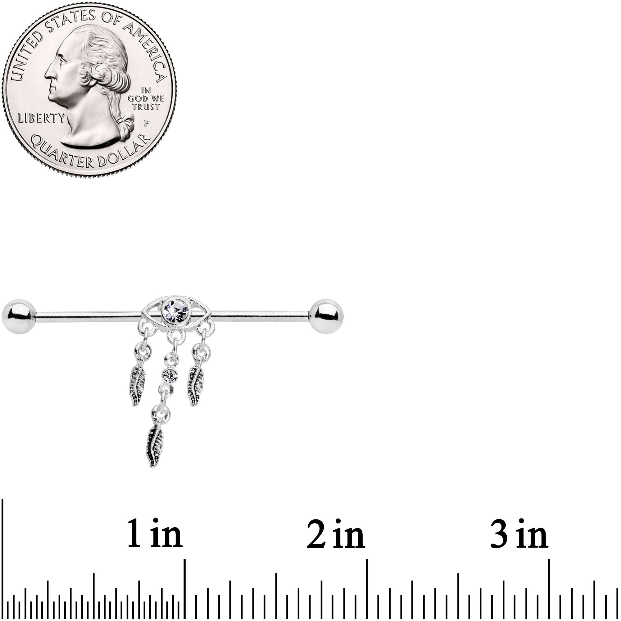 Clear Gem Eye Feather Dangle Industrial Barbell 38mm