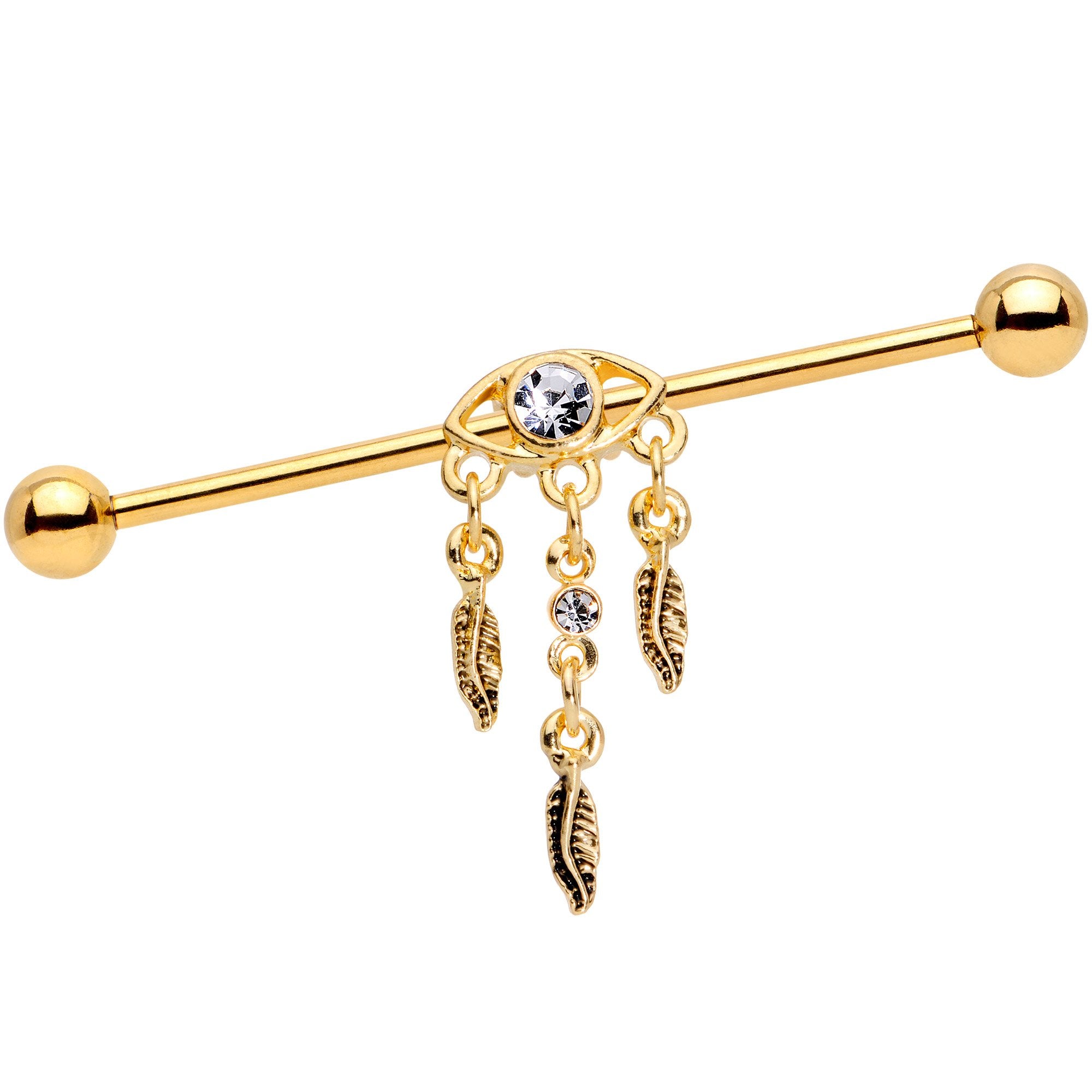 Clear Gem Gold Tone Eye Feather Dangle Industrial Barbell 38mm
