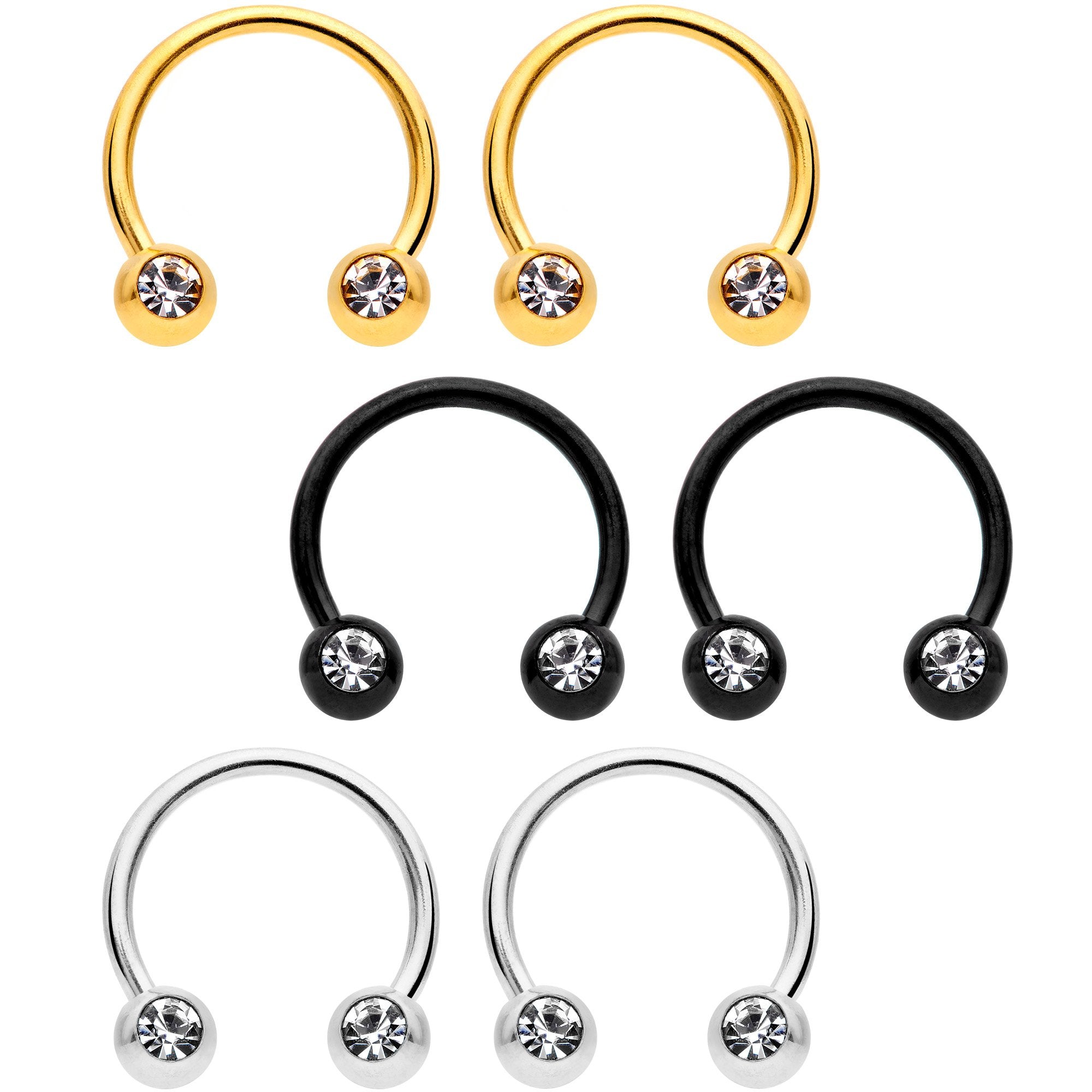 16G 3/8 Clear Gem Variety Horseshoe Nipple Ring Set of 6