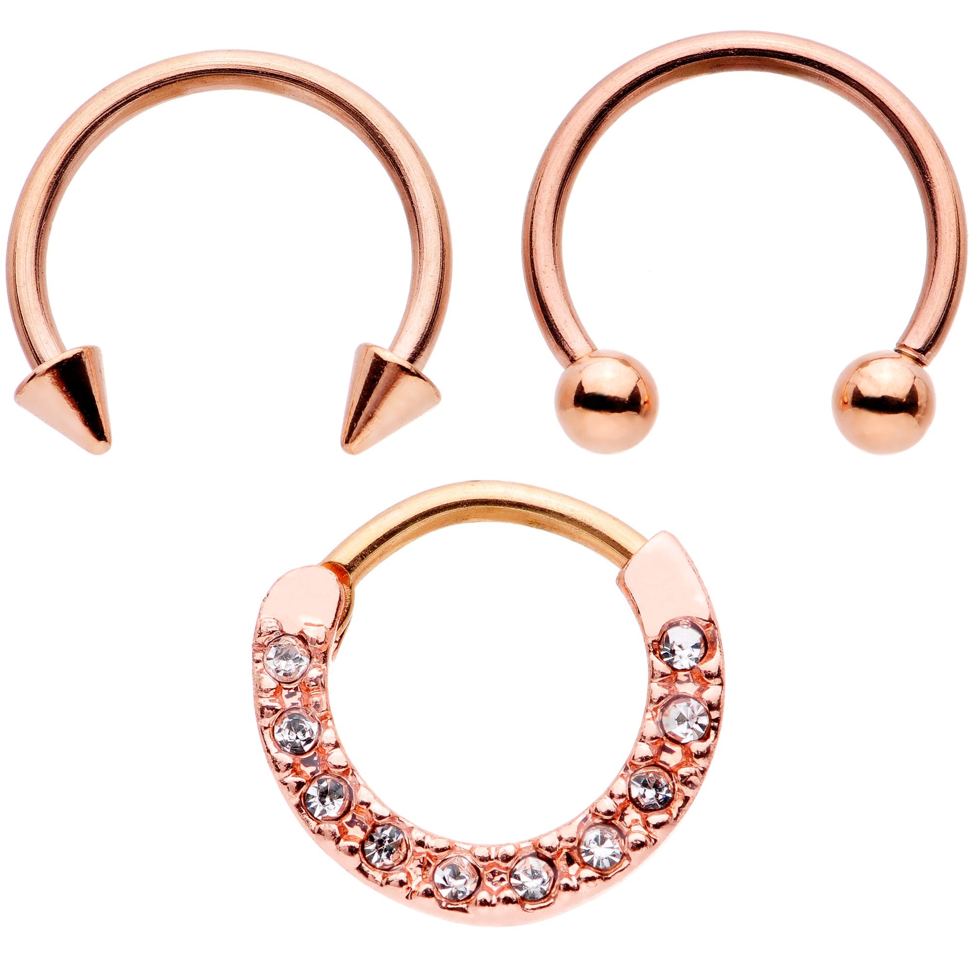 16G 3/8 Clear Gem Rose Gold Tone Hinged Circular Ring Set