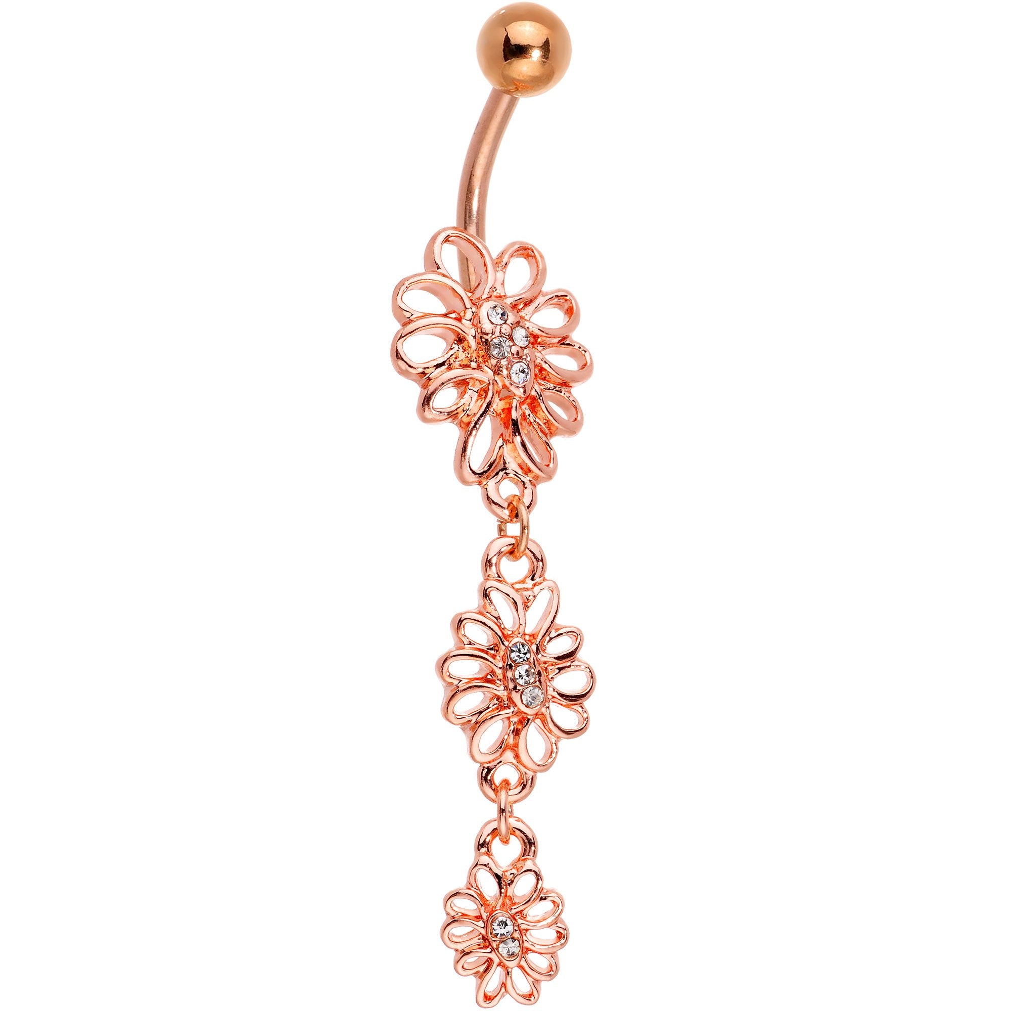 Clear Gem Rose Gold Tone Loopy Love Flowers Dangle Belly Ring