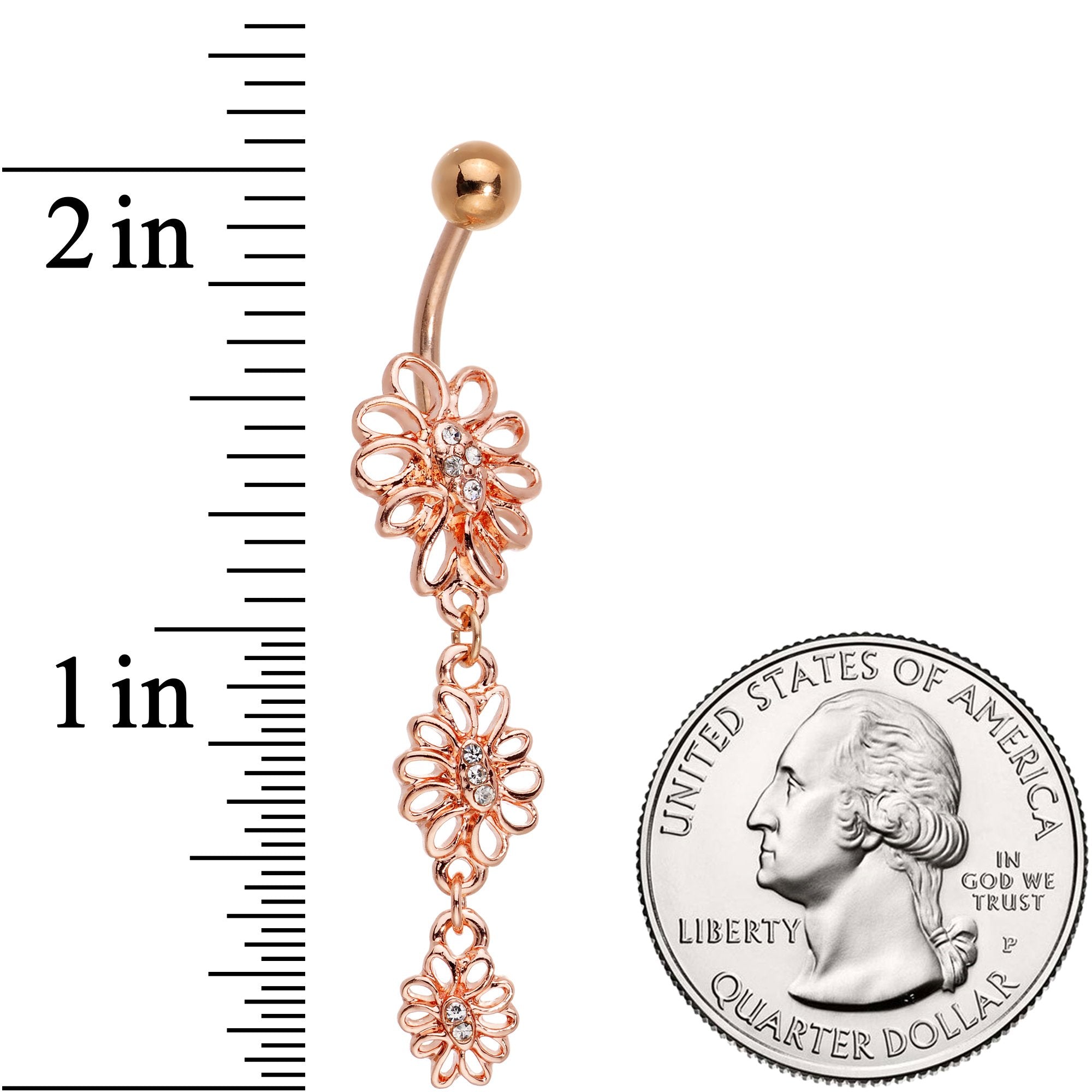 Clear Gem Rose Gold Tone Loopy Love Flowers Dangle Belly Ring