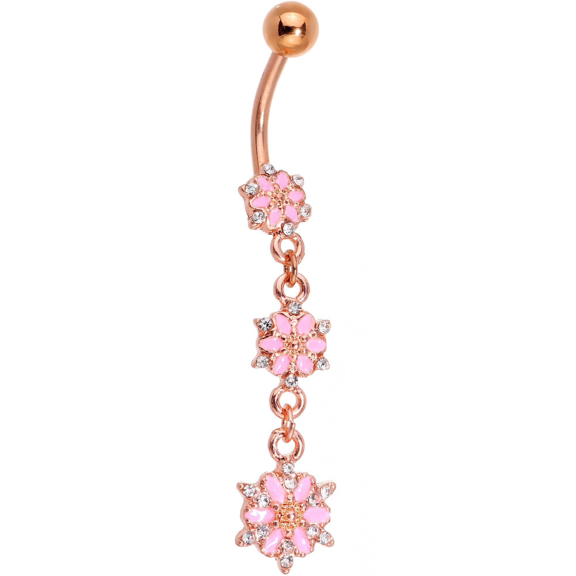Clear Gem Rose Gold Tone Glitter Inlay Pink Garden Dangle Belly Ring