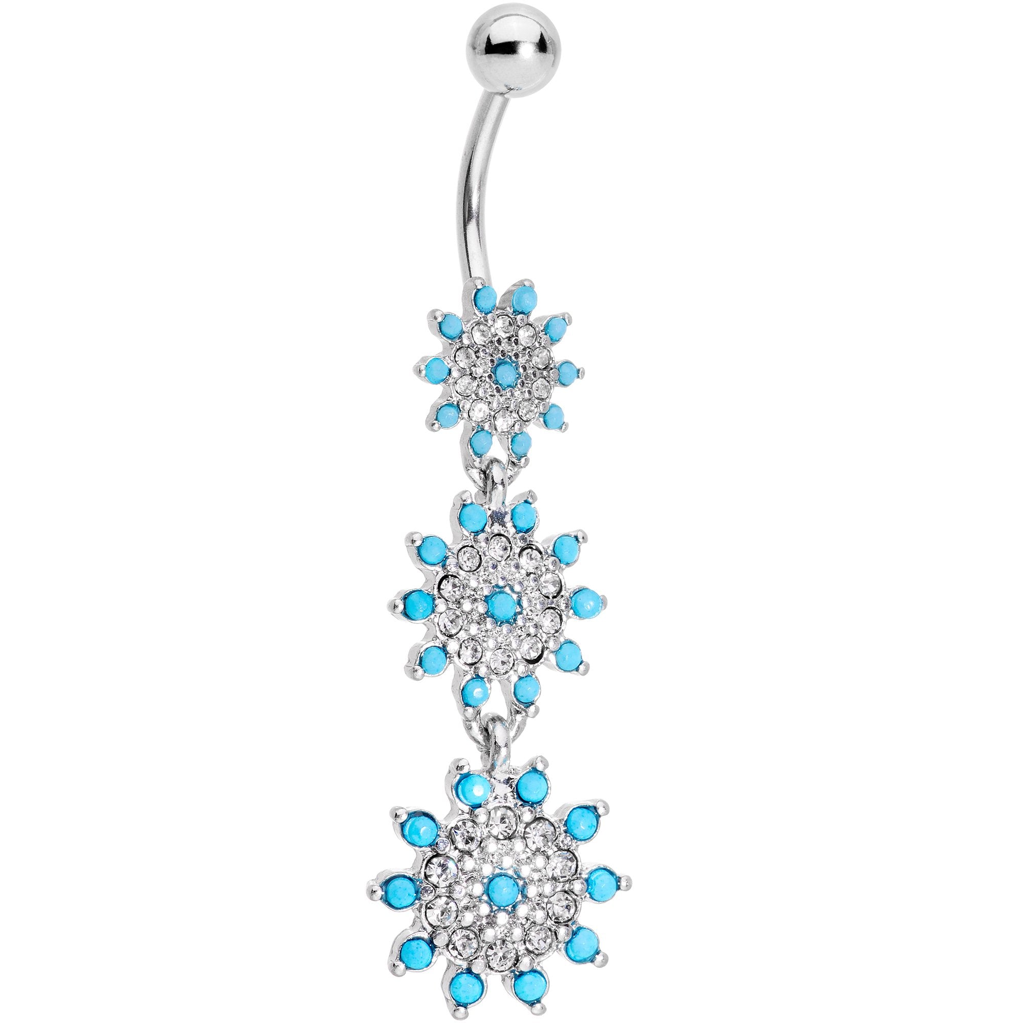 Clear Gems Blue Orb Shower of Snowflakes Dangle Belly Ring