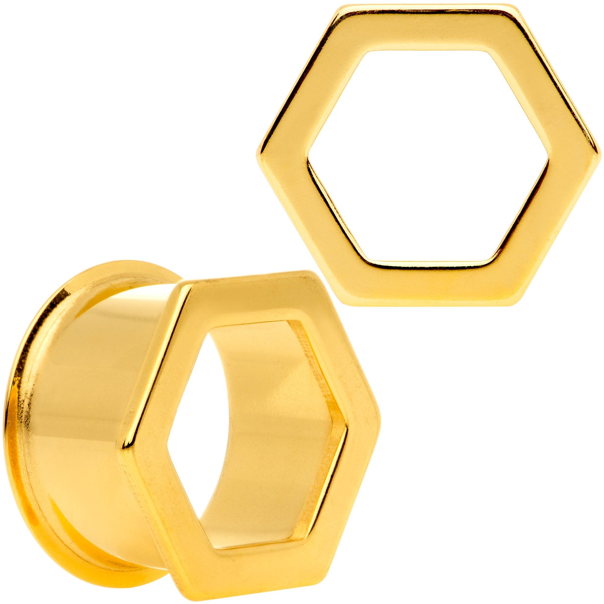 Gold Tone Geometric Hexagon Double Flare Tunnel Plug Set 3mm to 25mm