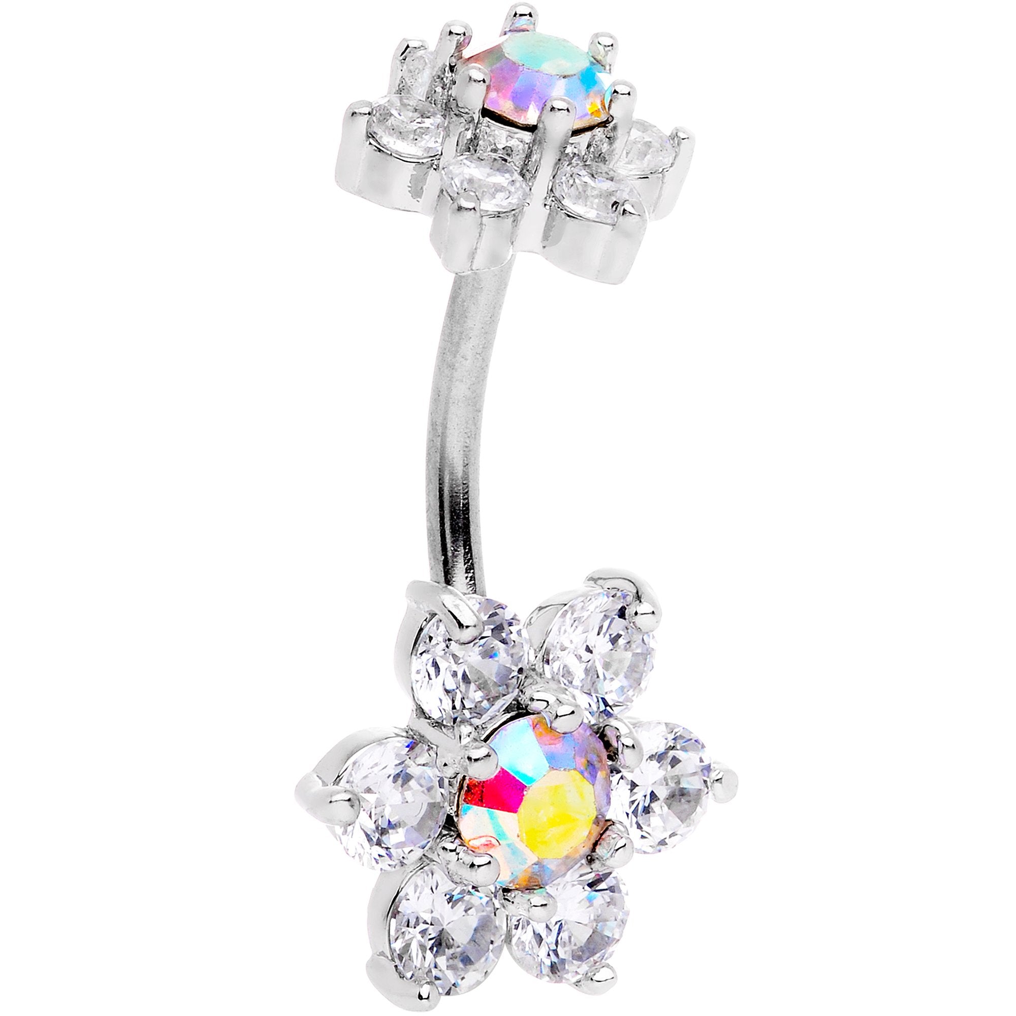Clear Aurora CZ Gem Double Flower Delight Double Mount Belly Ring