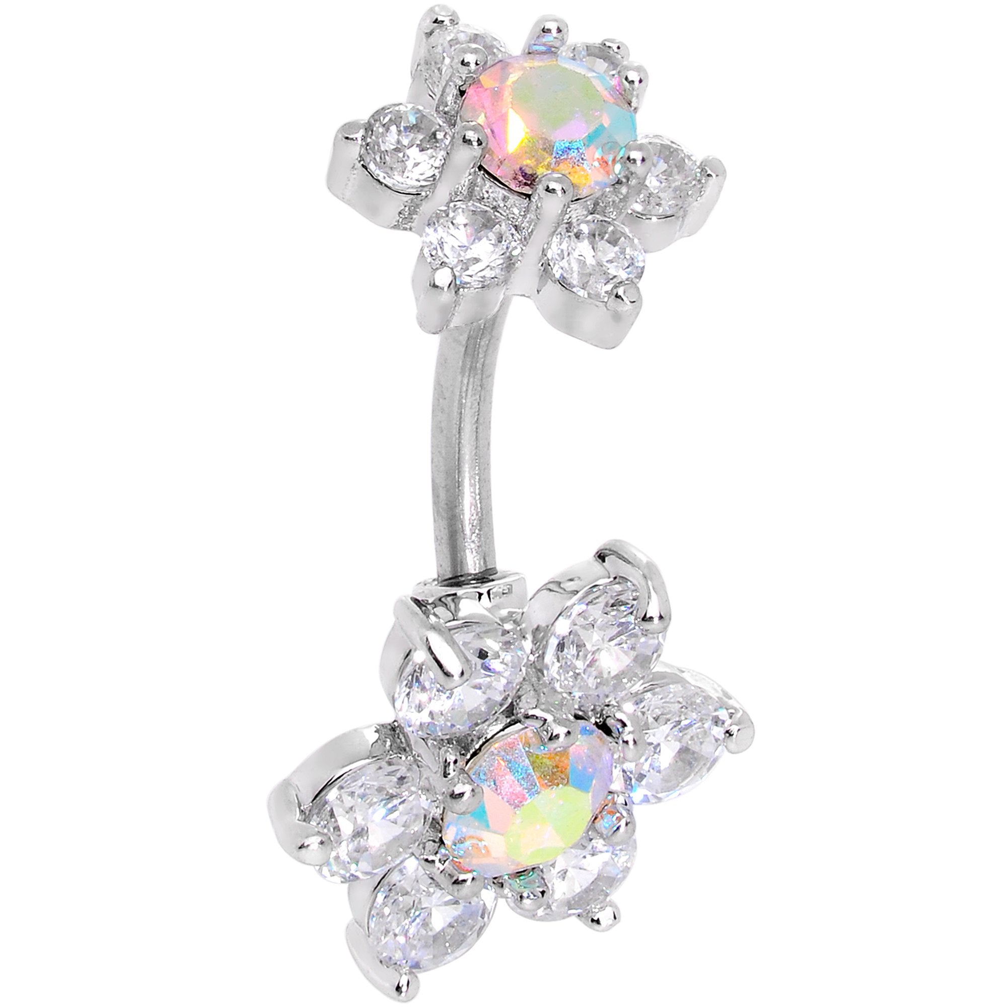 Clear Aurora CZ Gem Double Flower Delight Double Mount Belly Ring