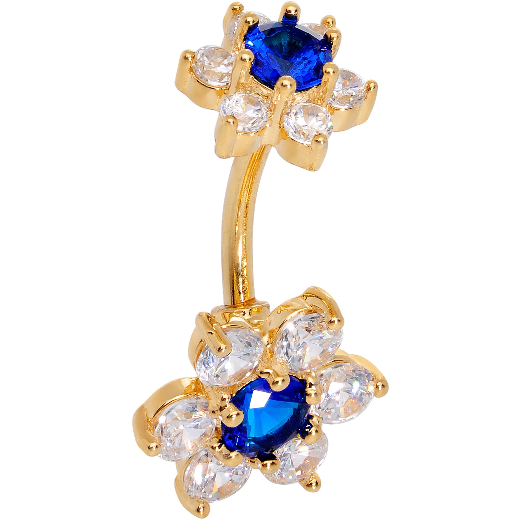 Blue Clear CZ Gem Gold Tone Double Flower Delight Double Mount Belly Ring