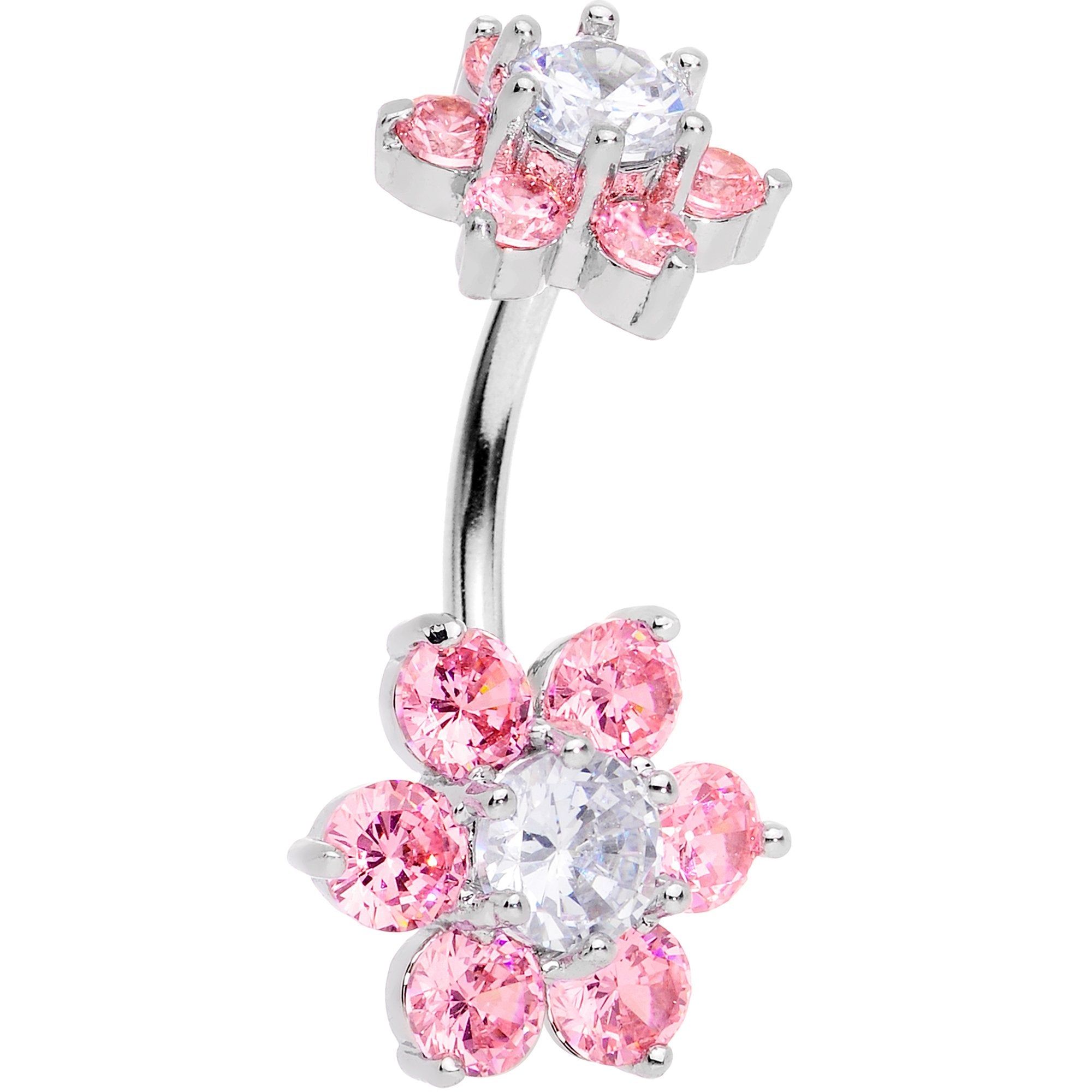 Clear Pink CZ Gem Double Flower Delight Double Mount Belly Ring