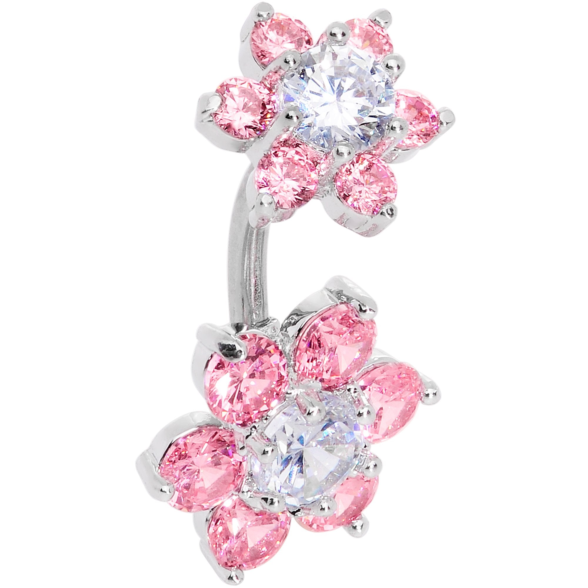 Clear Pink CZ Gem Double Flower Delight Double Mount Belly Ring
